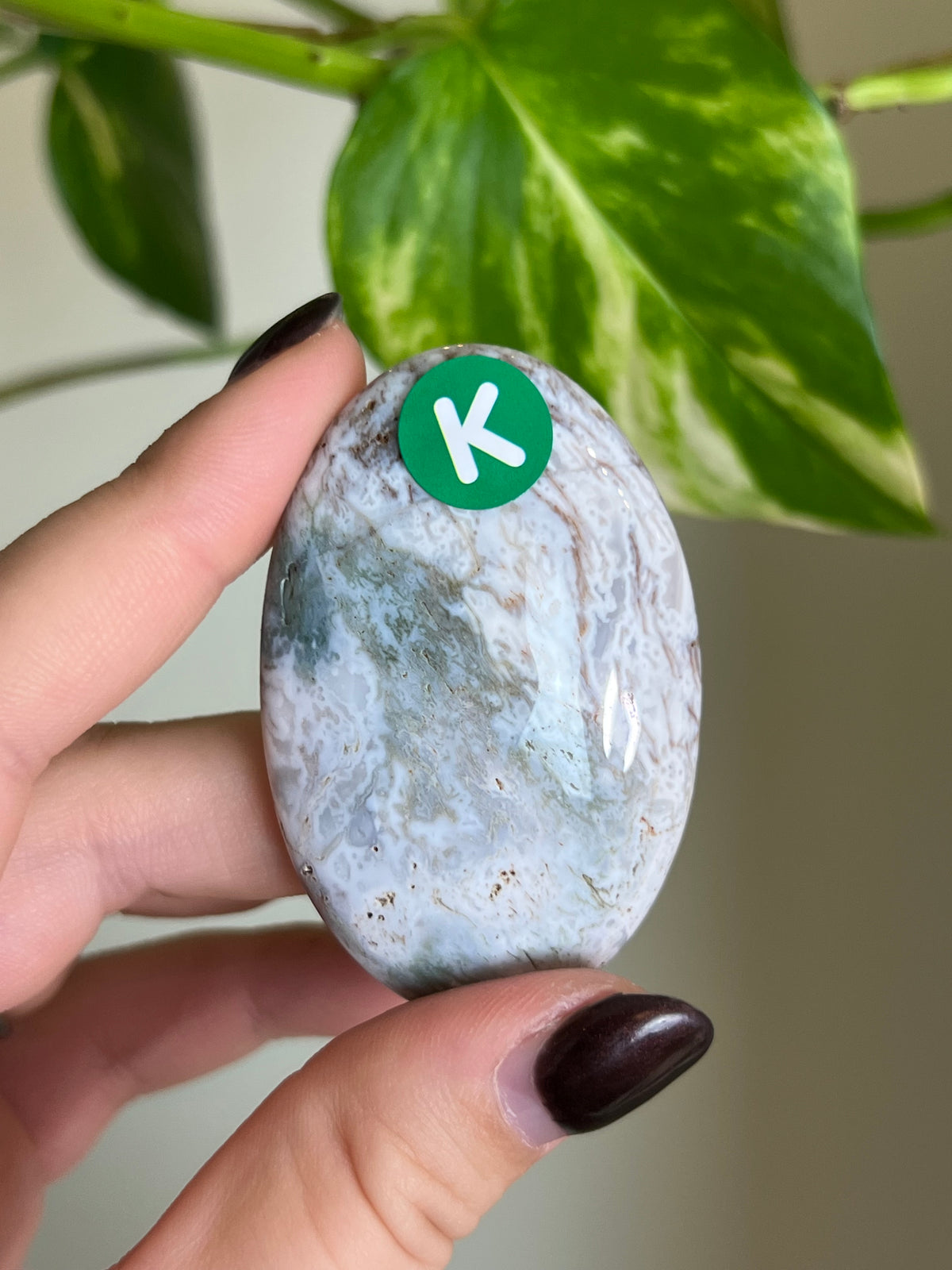 White Moss Agate Small Palm Stone - K