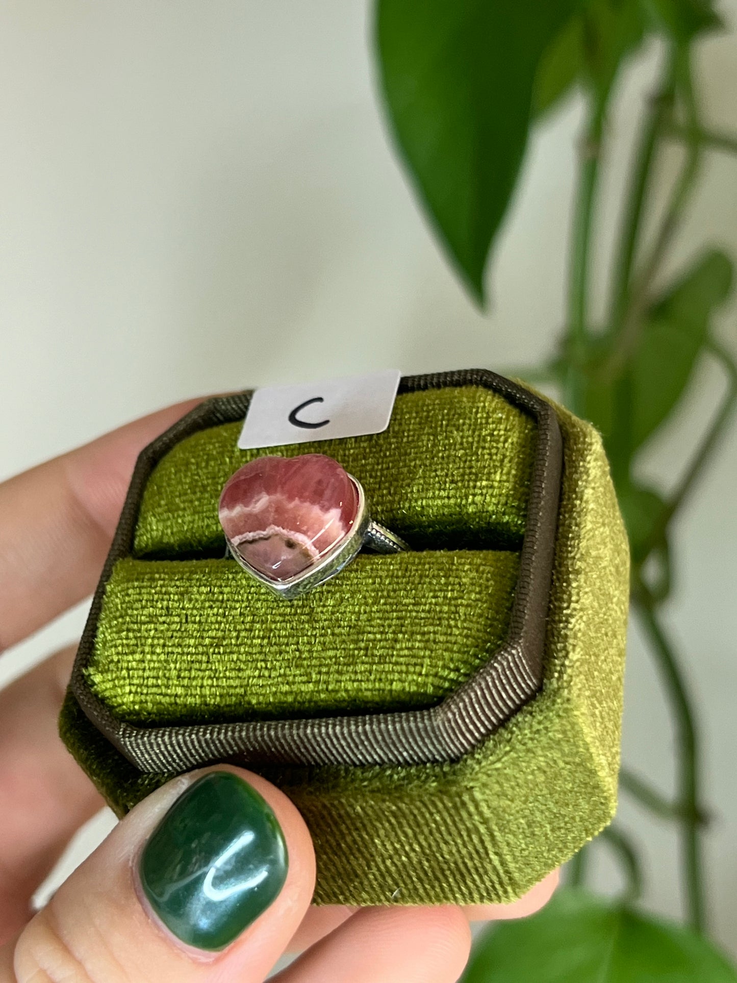 Rhodochrosite Heart Sterling Silver Ring C | Adjustable
