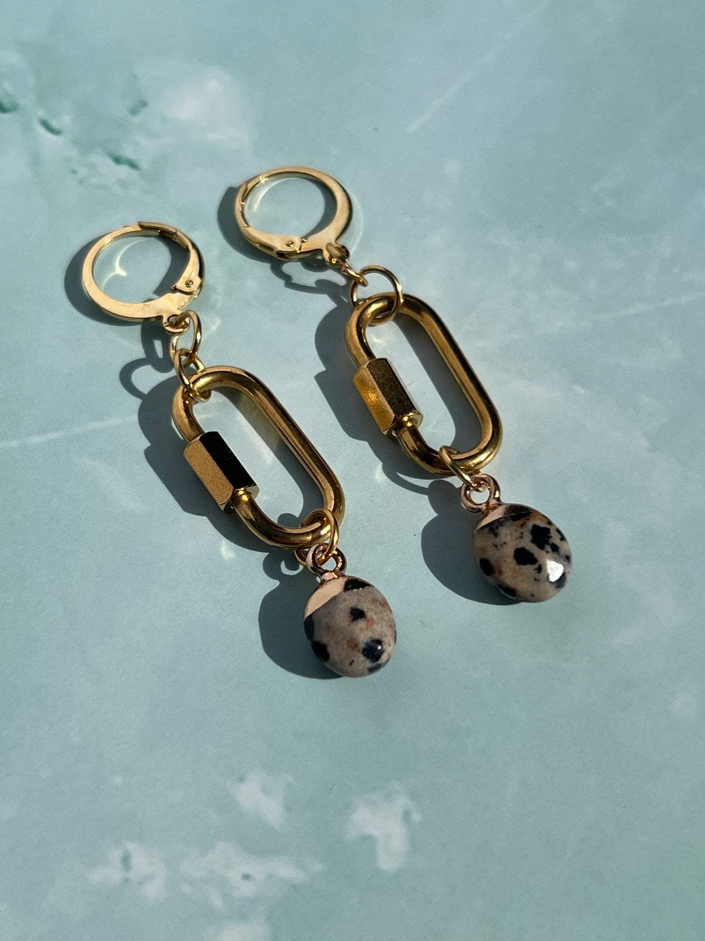 Dalmatian Jasper Gold Carabiner Earrings