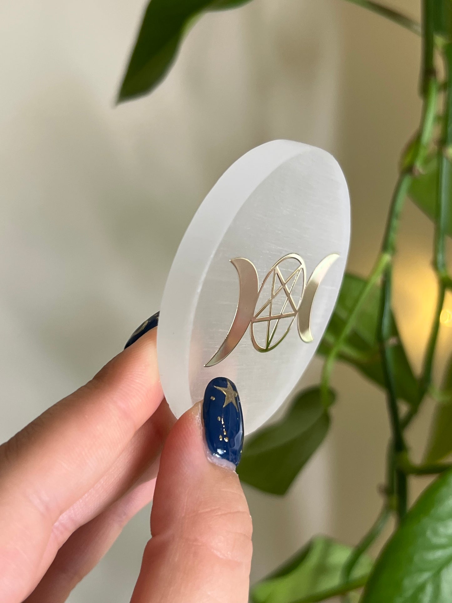 Selenite Satin Spar Triple Moon Goddess Gold Plate