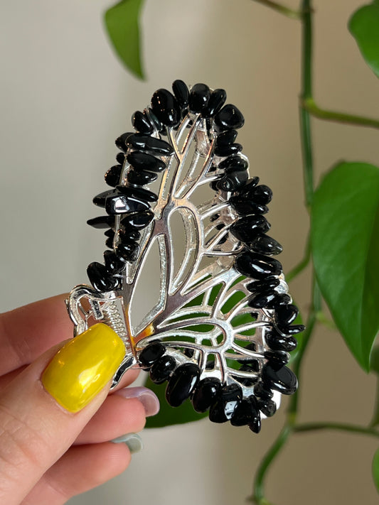 Black Obsidian Fairy Claw Clip - Silver