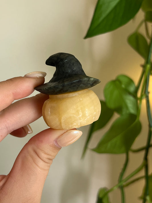 Orange Calcite + Jade Pumpkin House With Witch Hat