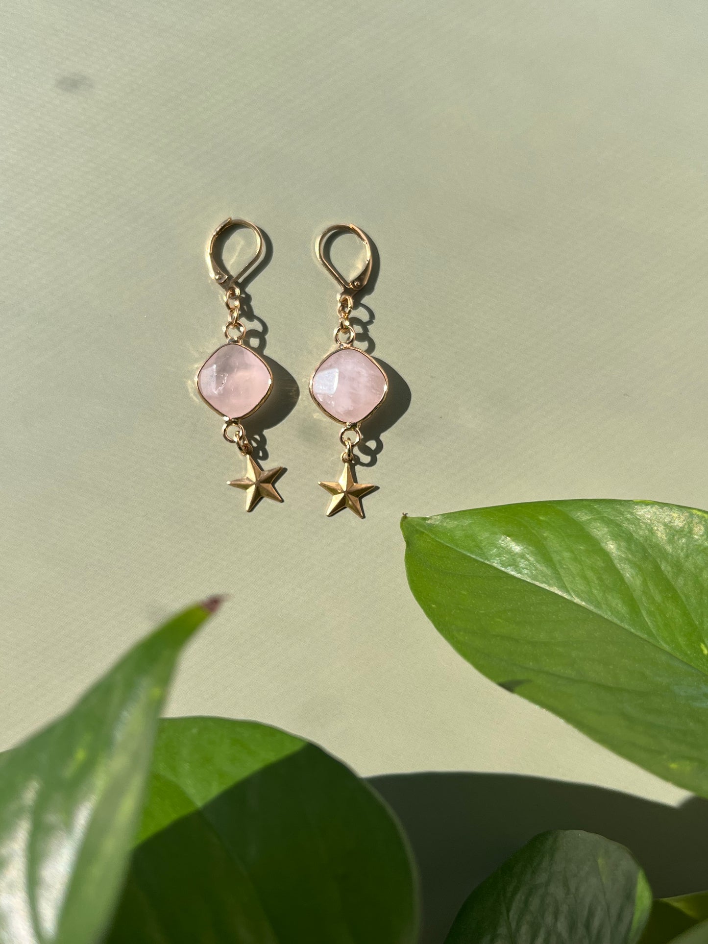 Gold Rose Quartz Star Earrings
