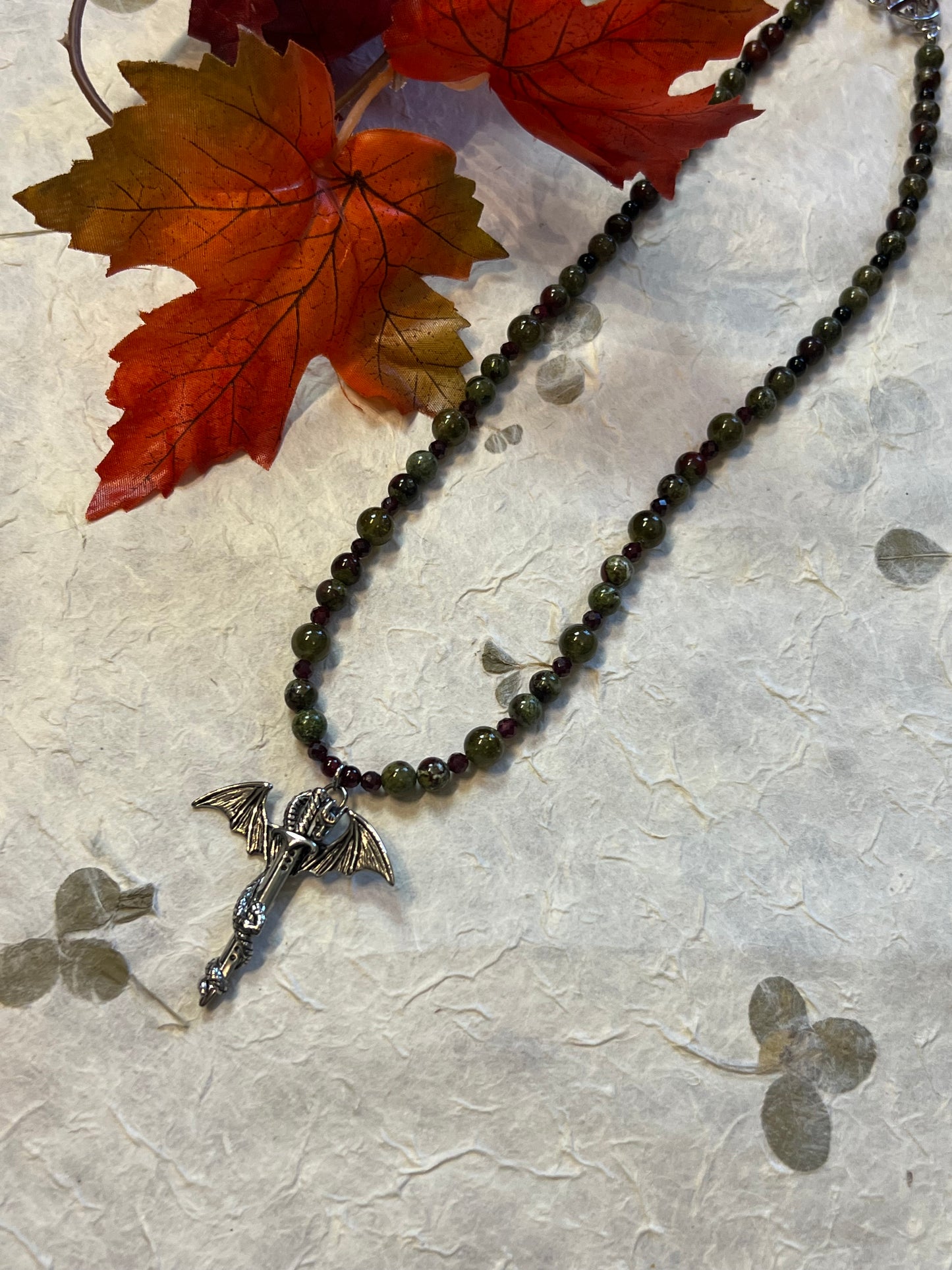 Dragons Blood Jasper + Garnet Beaded Dragon Necklace
