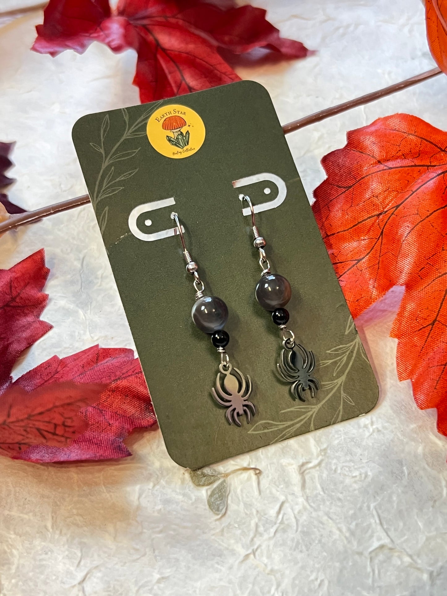 Black Moonstone & Onyx Spider Earrings