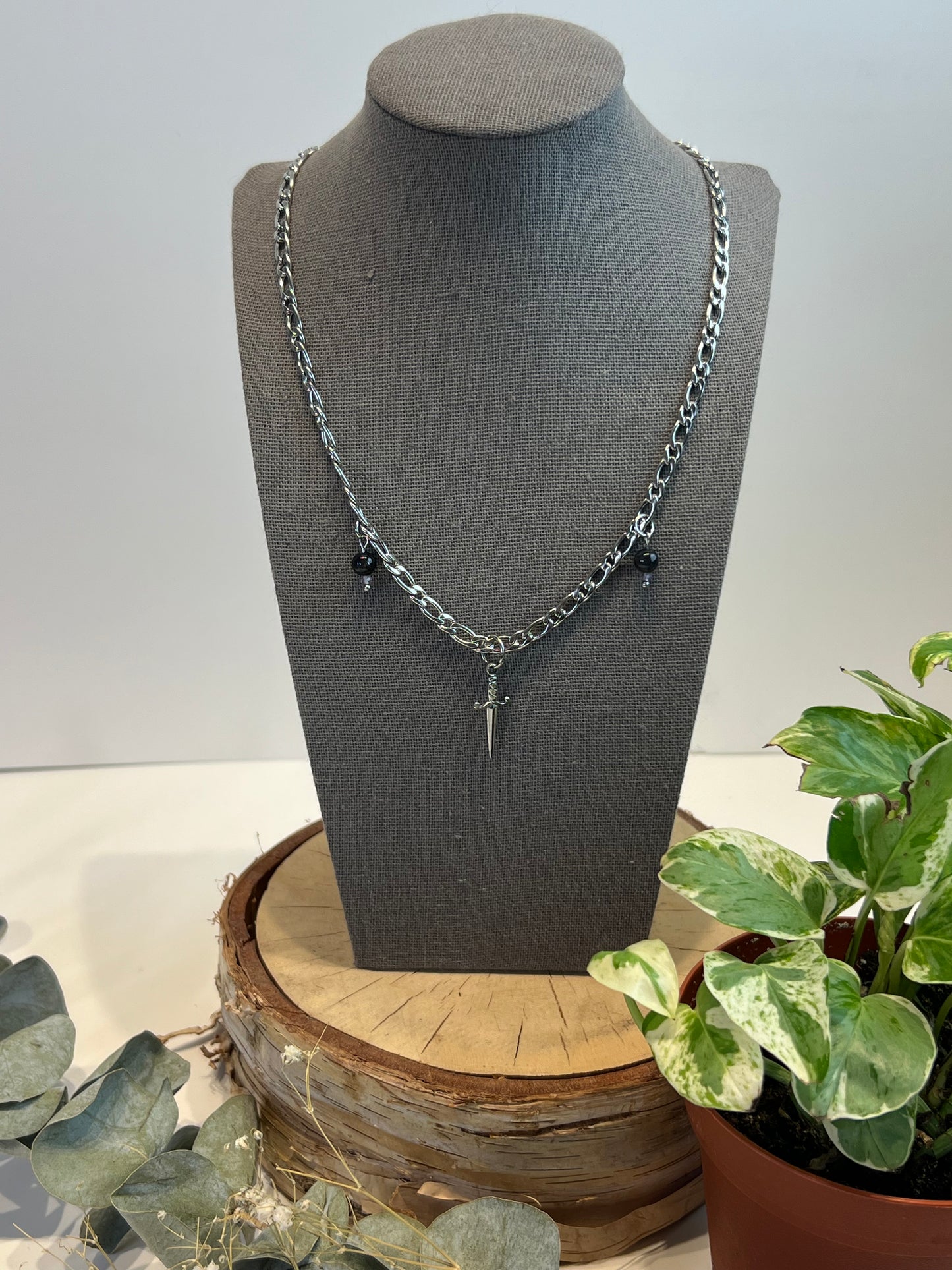 Iolite & Fluorite Silver Sword Necklace