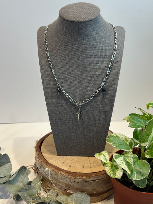 Iolite & Fluorite Silver Sword Necklace