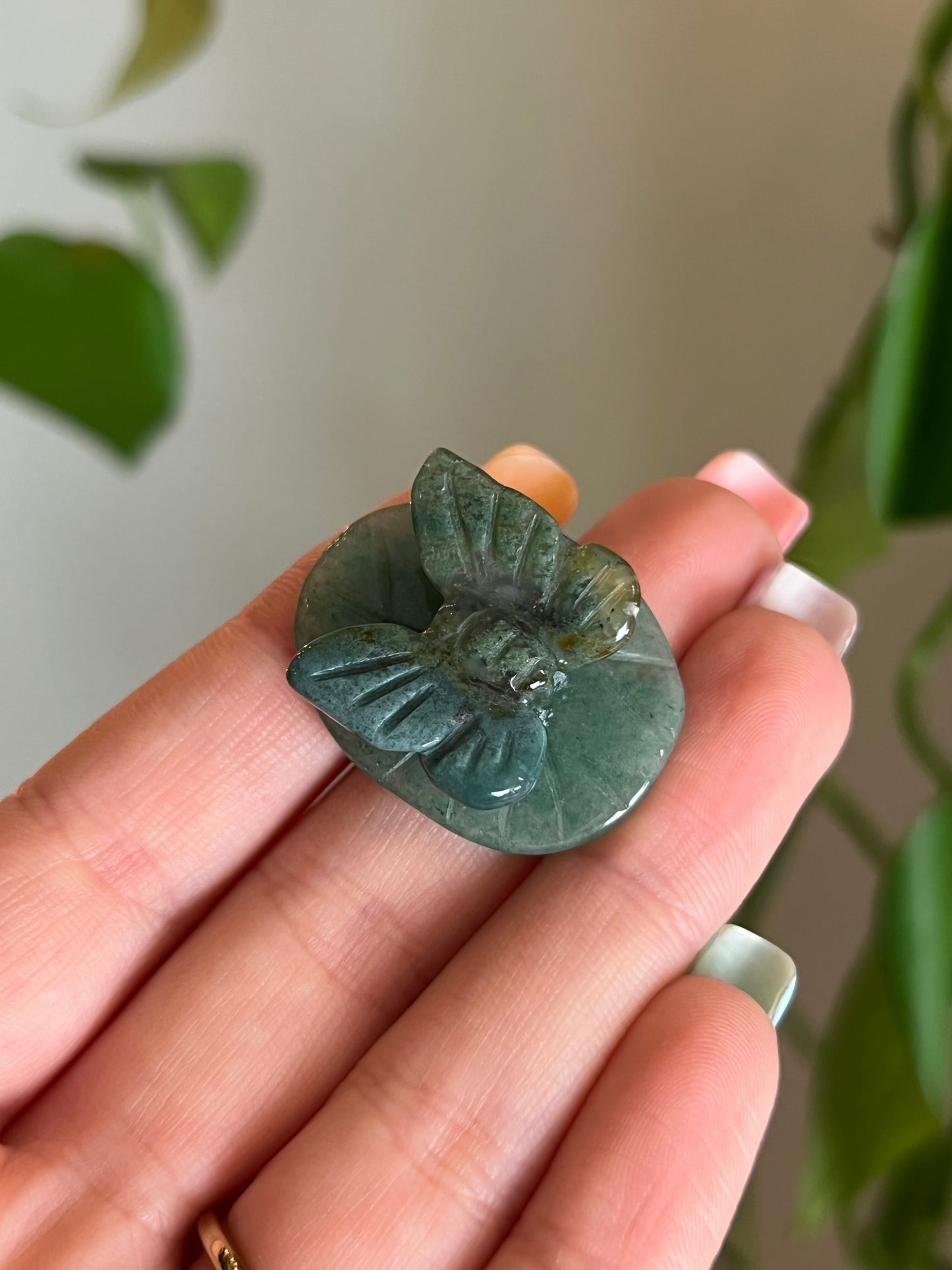 Moss Agate Butterfly on Green Aventurine Lily Pad