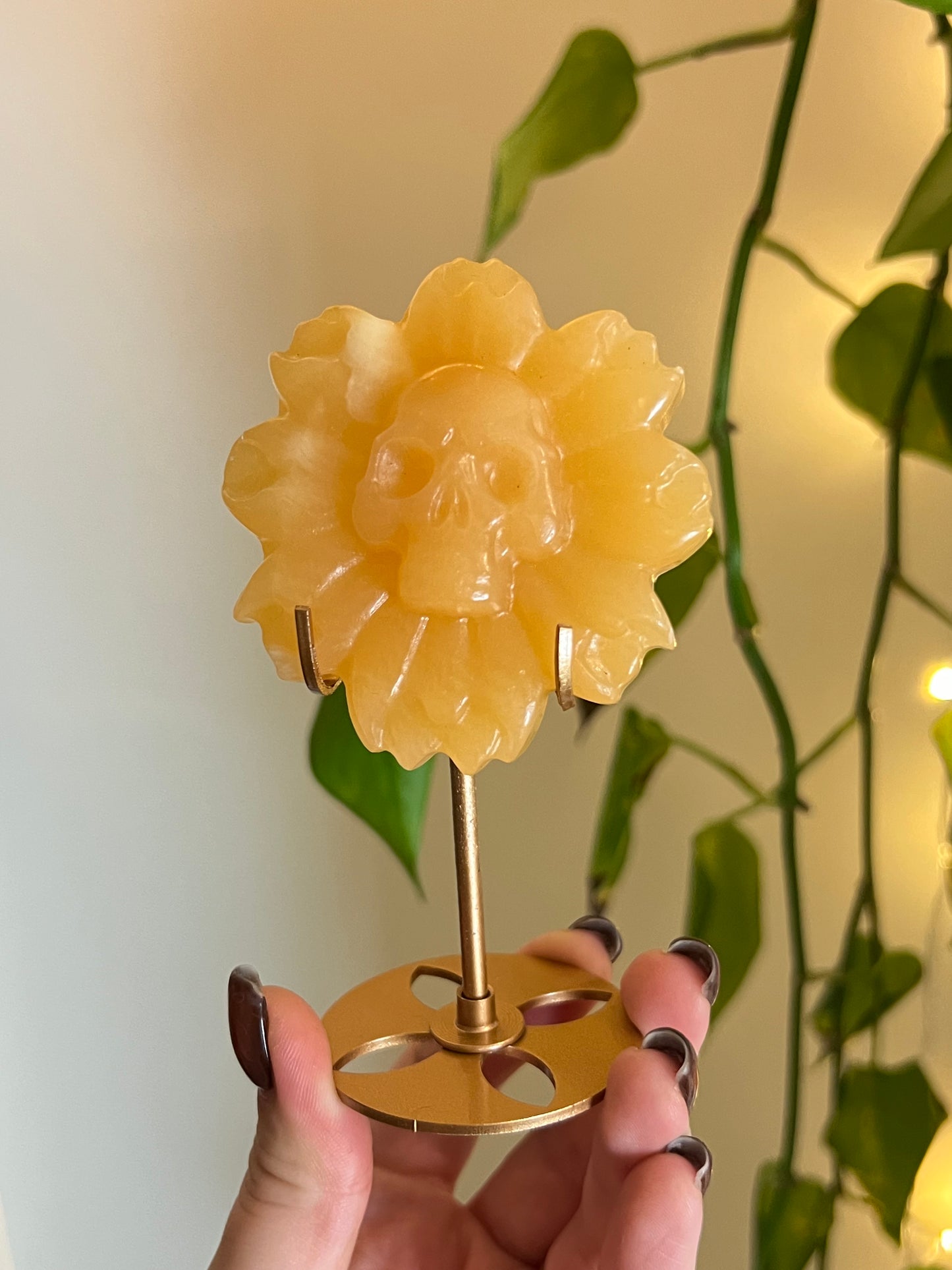 Orange Calcite Skull Flower on Stand