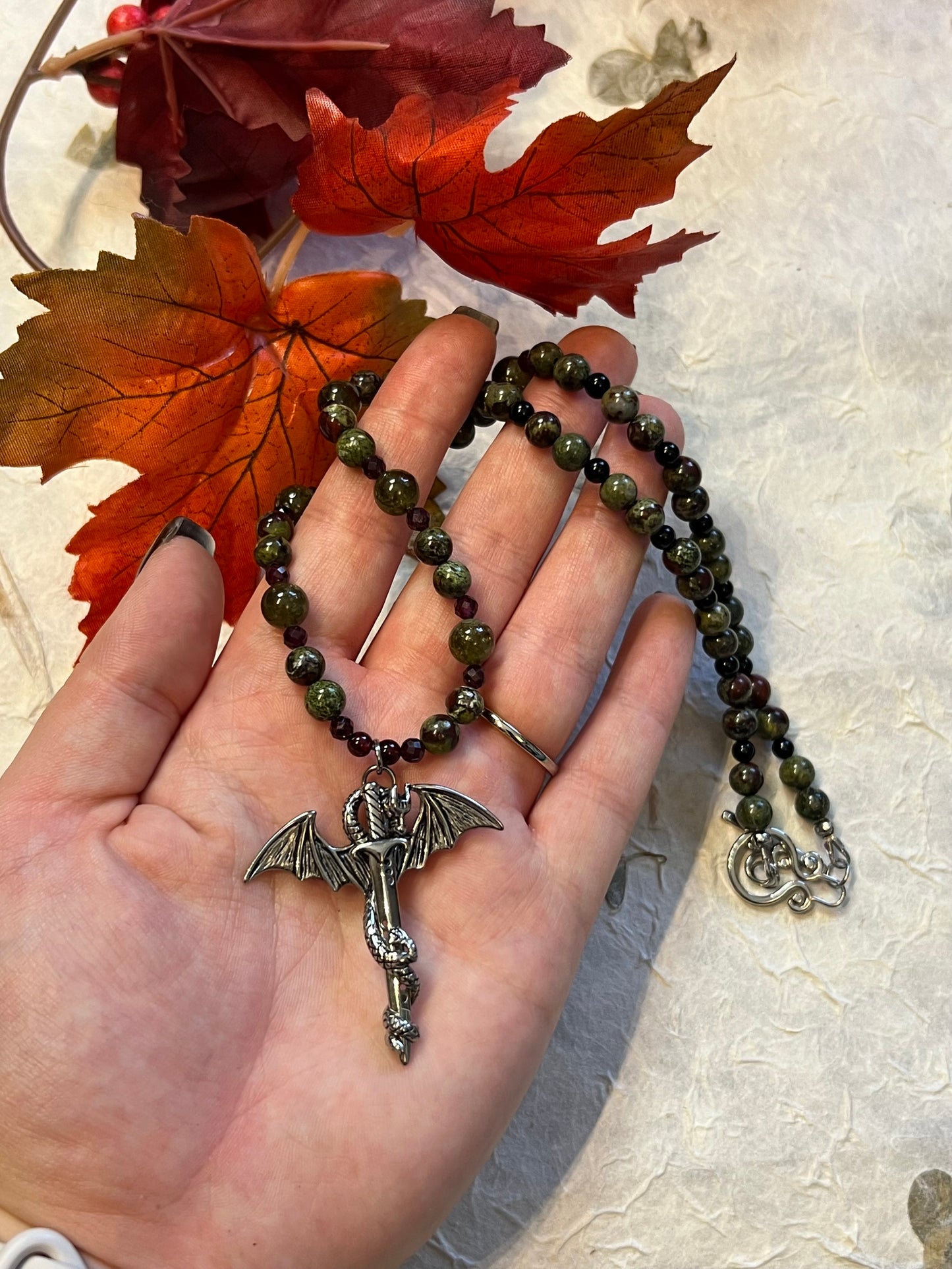 Dragons Blood Jasper + Garnet Beaded Dragon Necklace