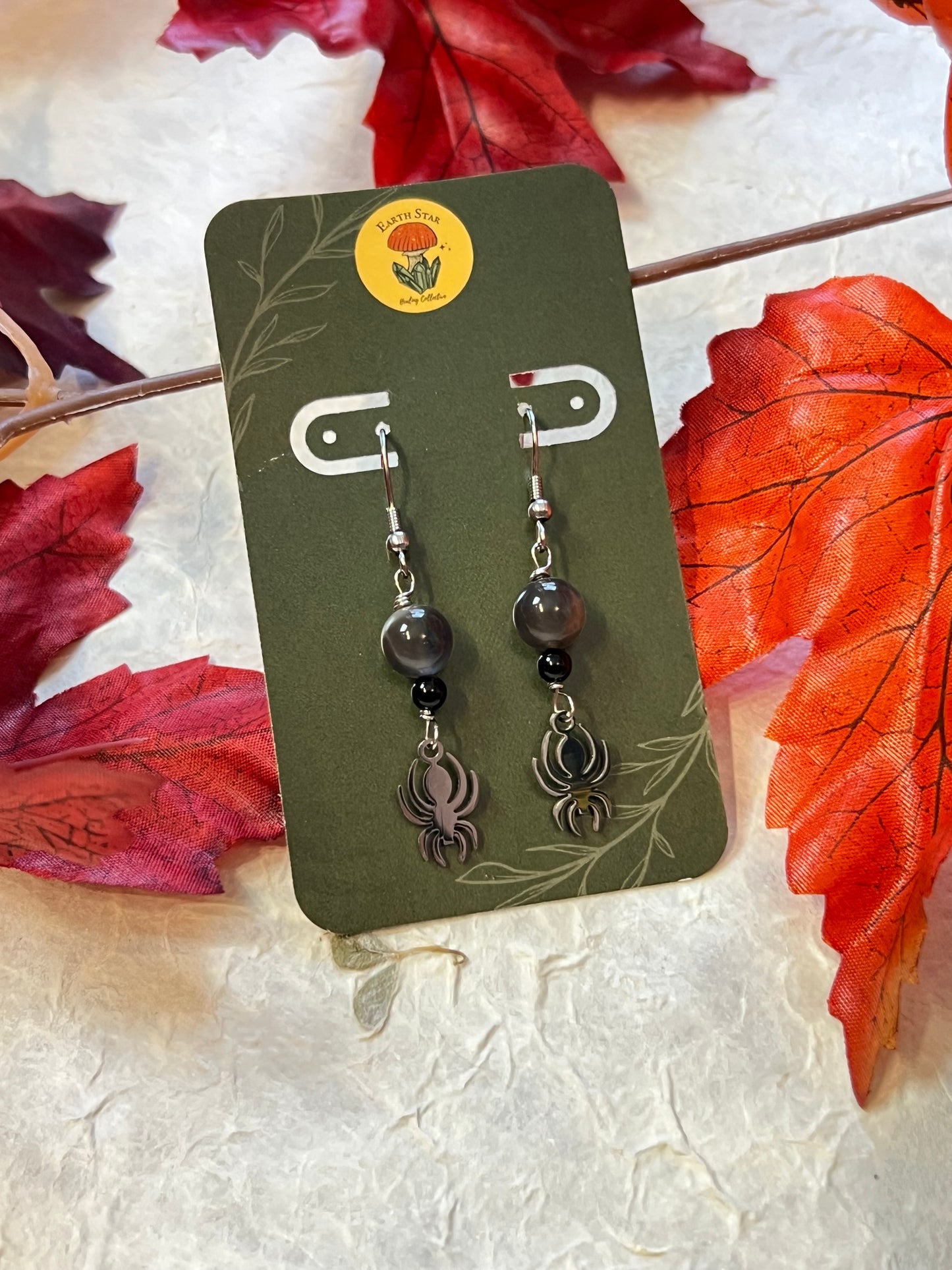 Black Moonstone & Onyx Spider Earrings