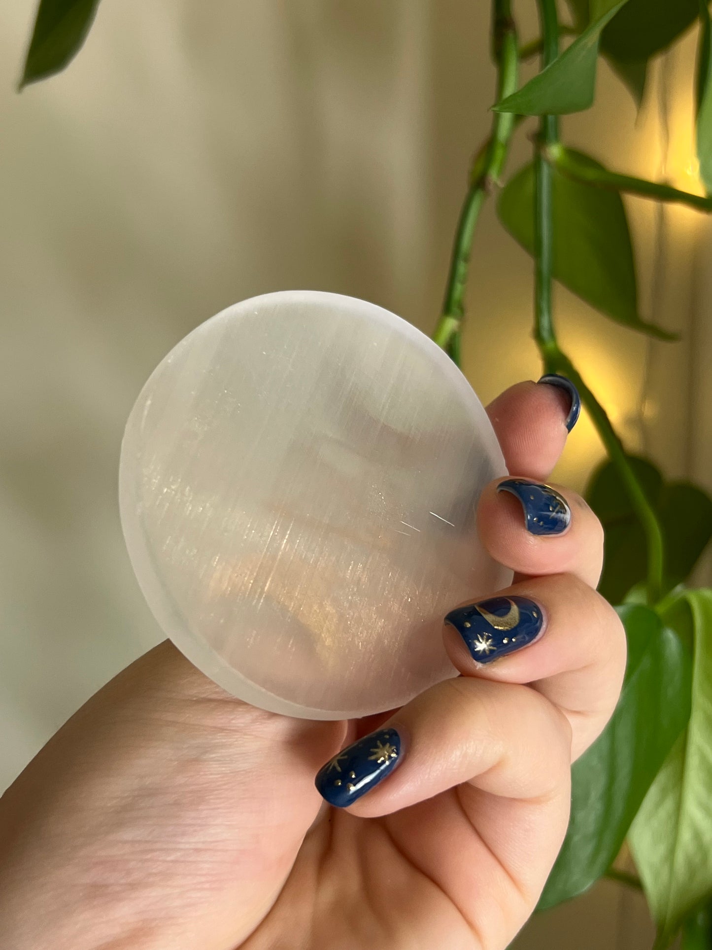 Selenite Satin Spar Triple Moon Goddess Gold Plate