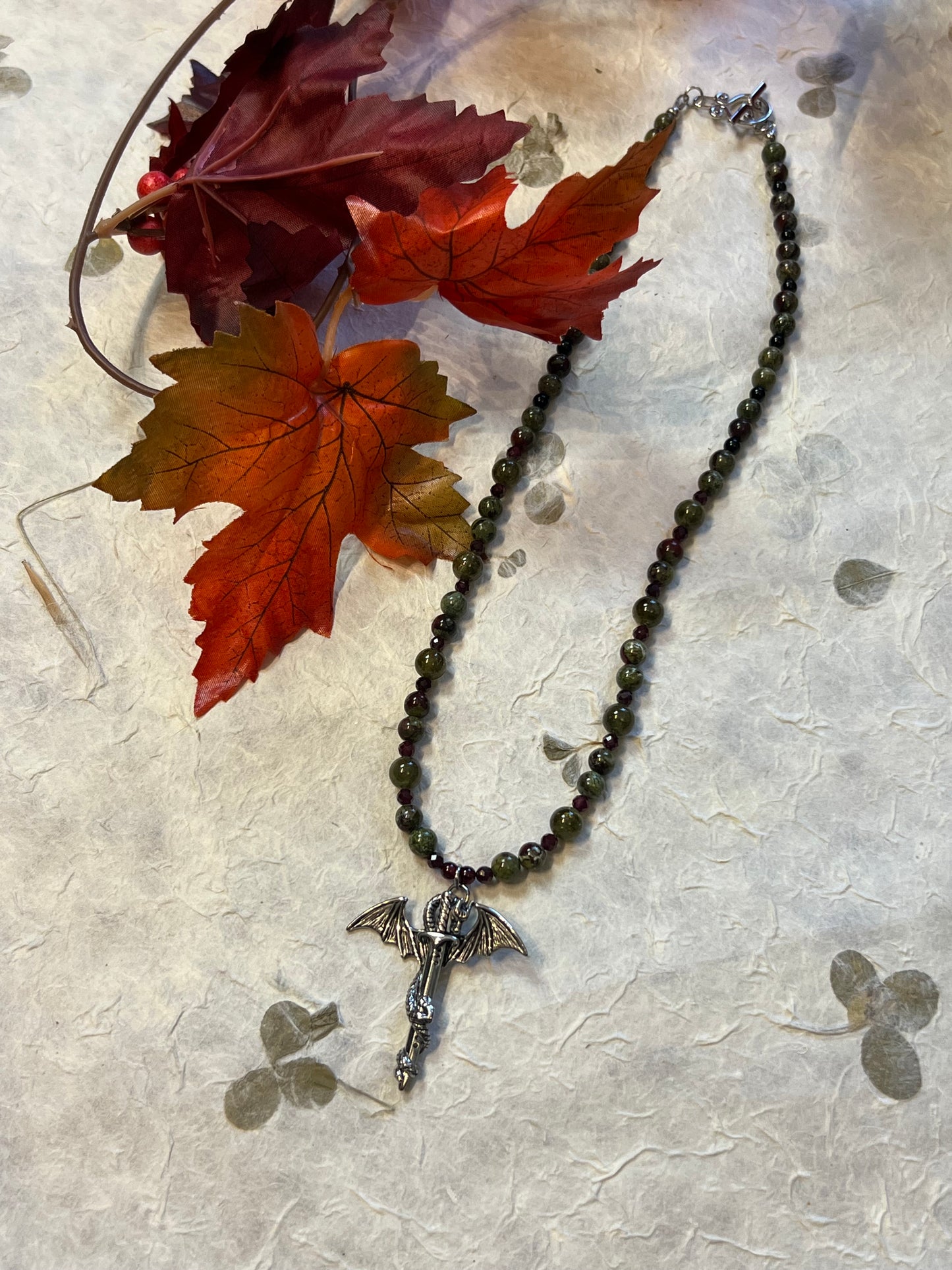 Dragons Blood Jasper + Garnet Beaded Dragon Necklace
