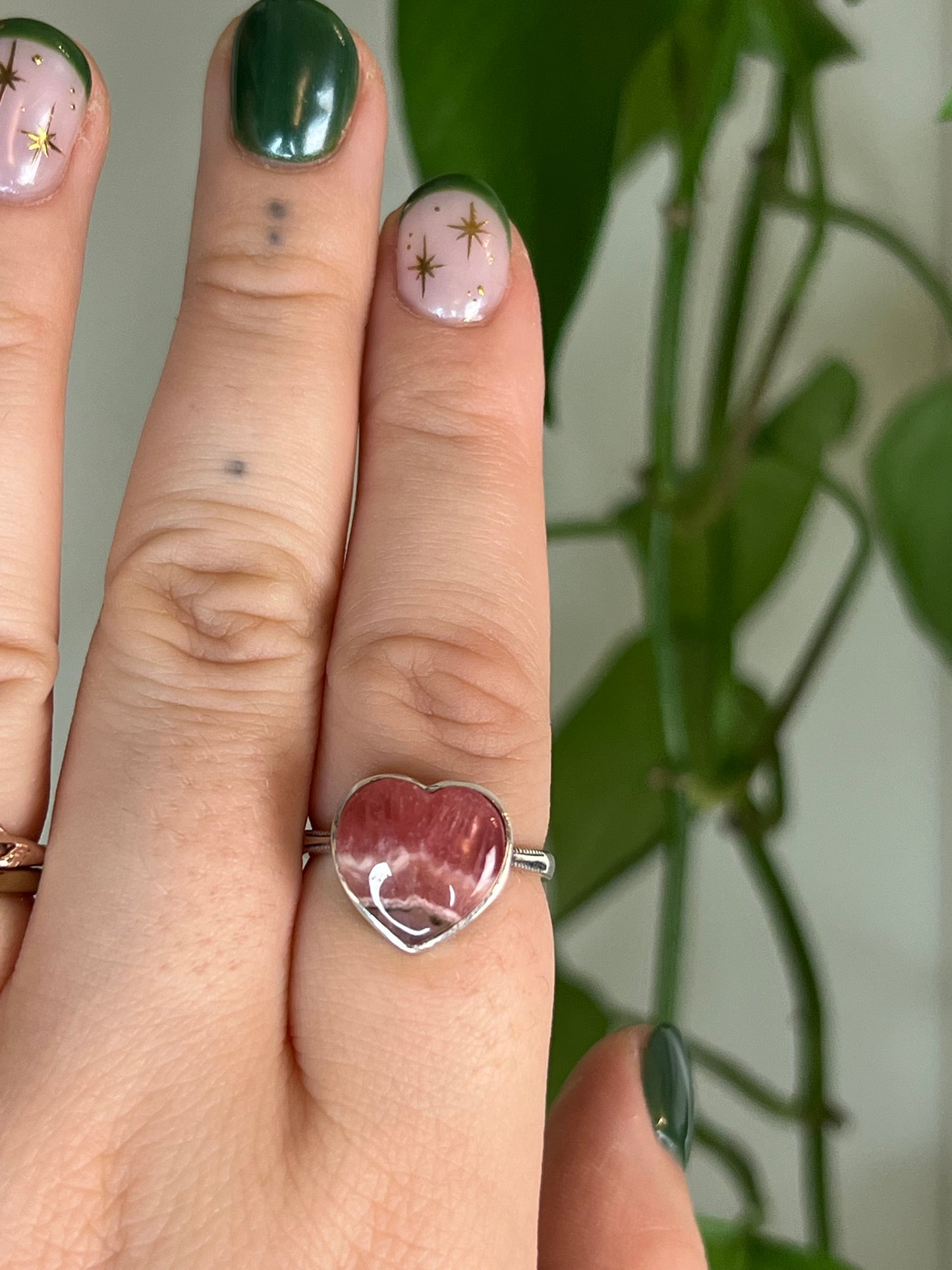 Rhodochrosite Heart Sterling Silver Ring C | Adjustable