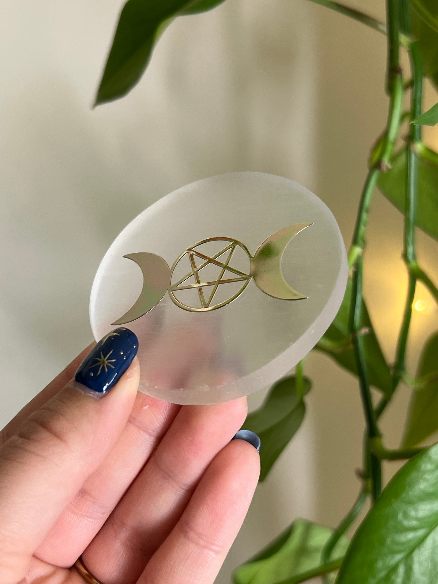 Selenite Satin Spar Triple Moon Goddess Gold Plate
