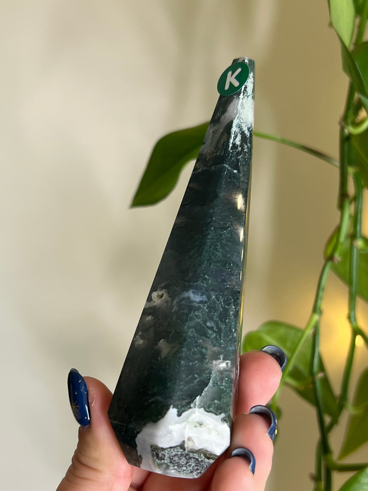 Moss Agate Faceted Tower - K