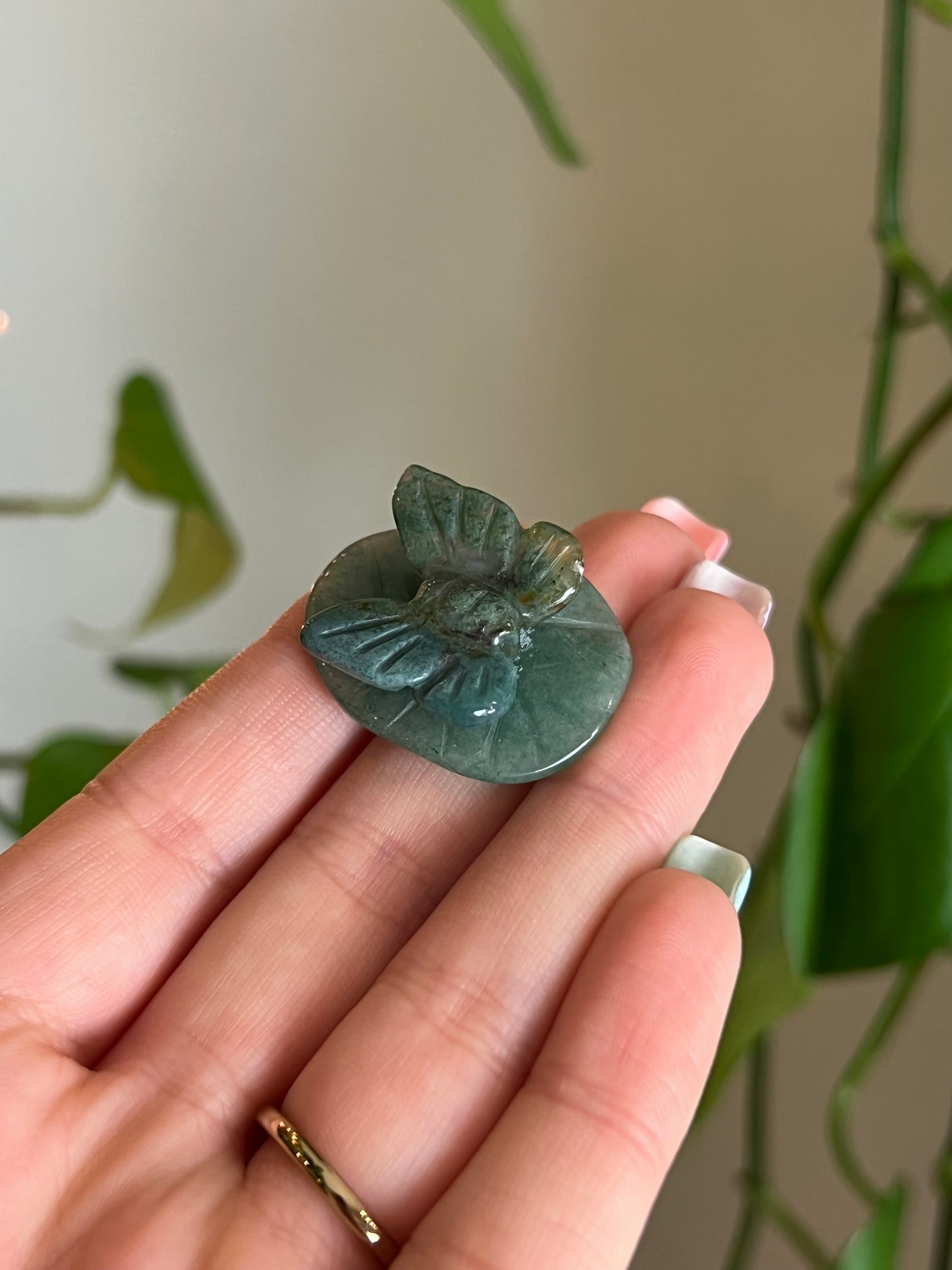 Moss Agate Butterfly on Green Aventurine Lily Pad