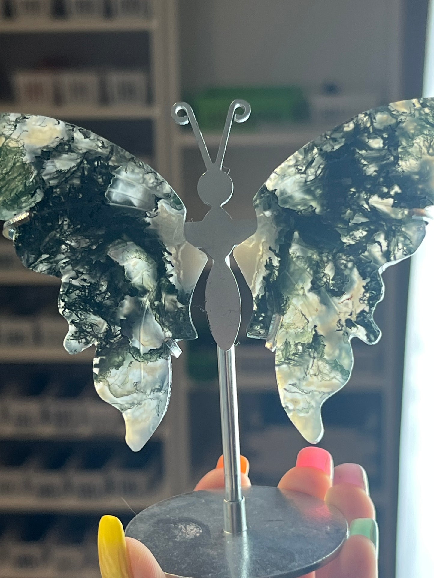 Moss Agate Butterfly Stand - S