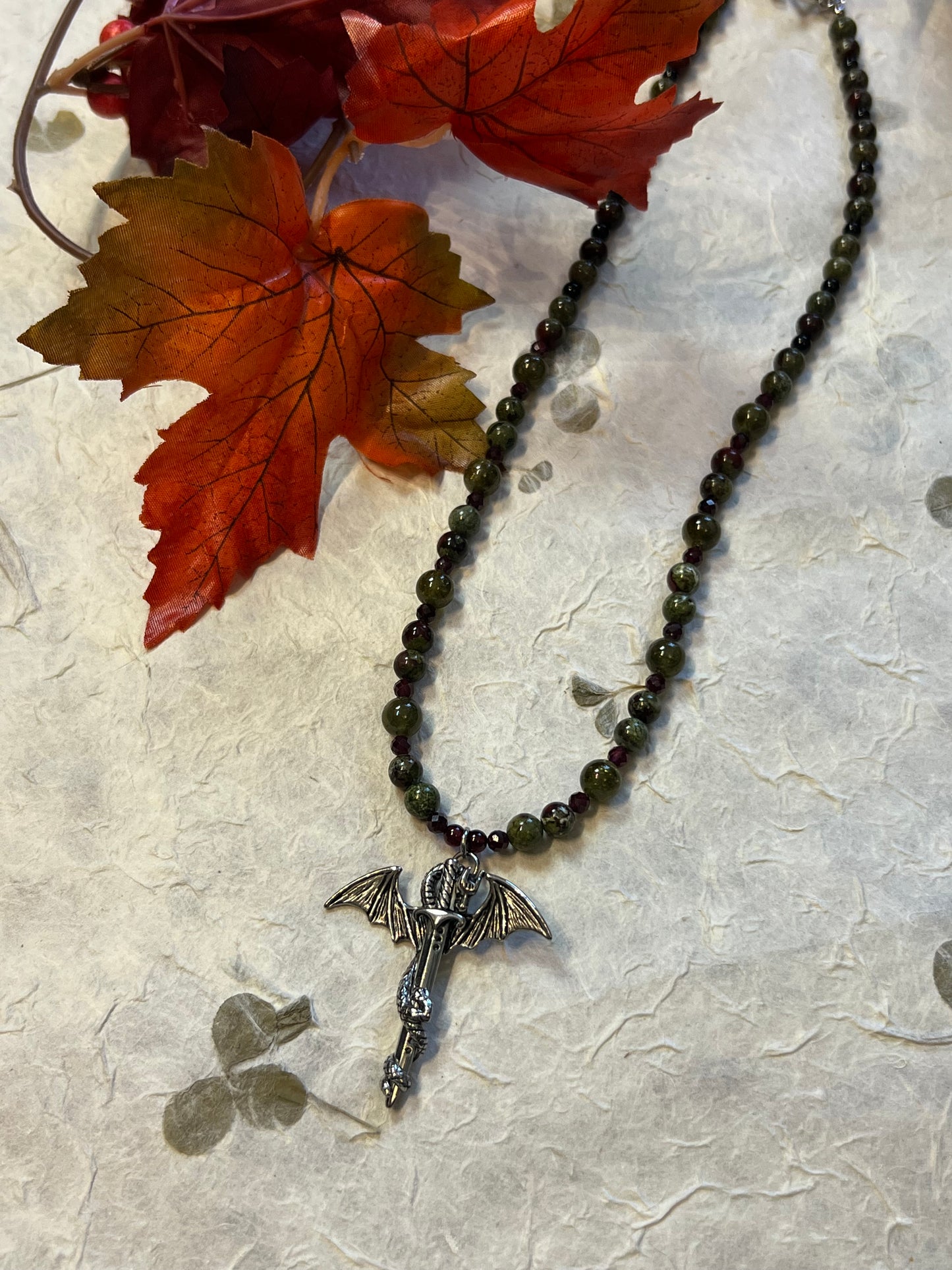 Dragons Blood Jasper + Garnet Beaded Dragon Necklace