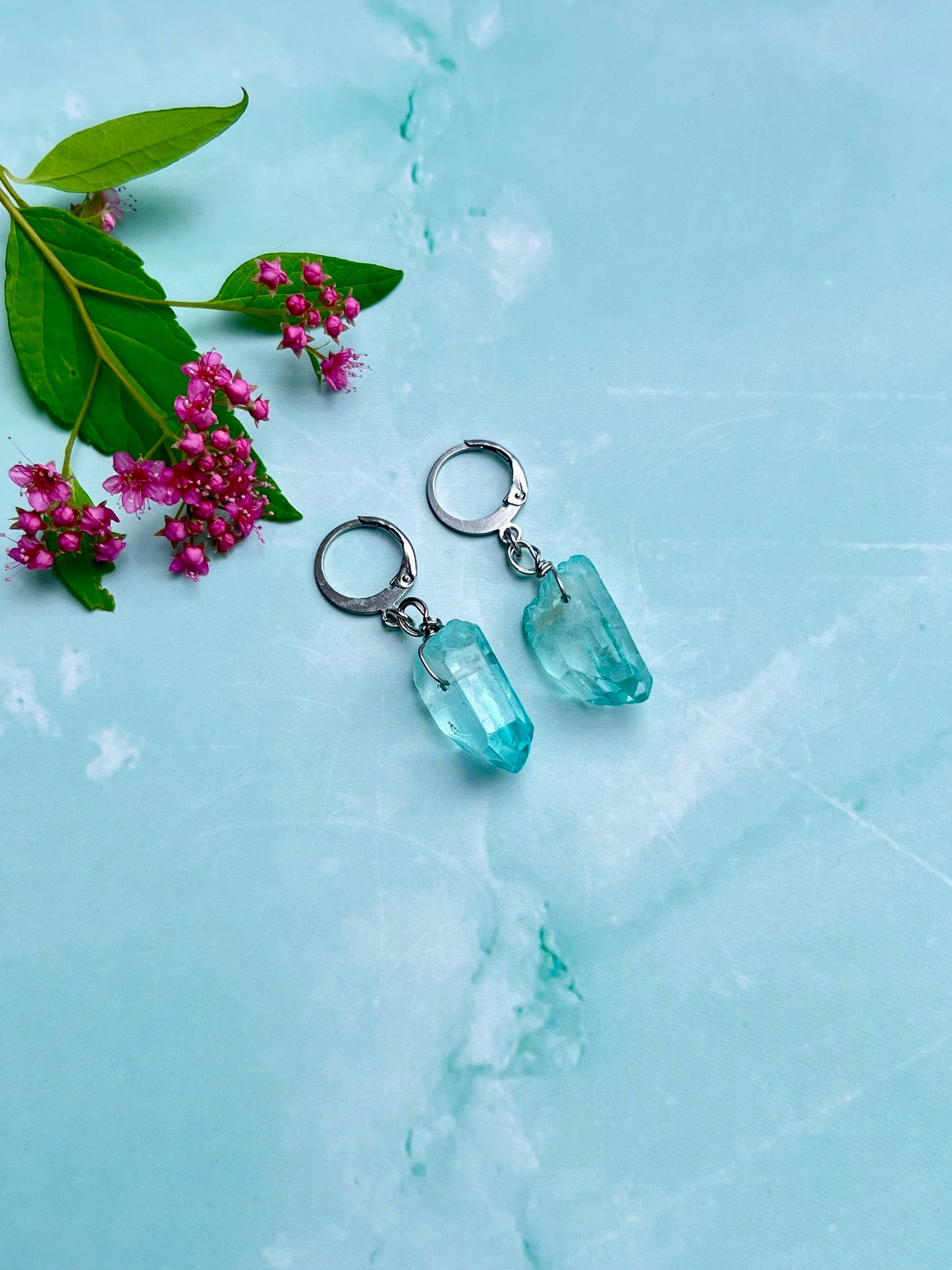 Sky Blue Aura Quartz Point Huggies 🌊