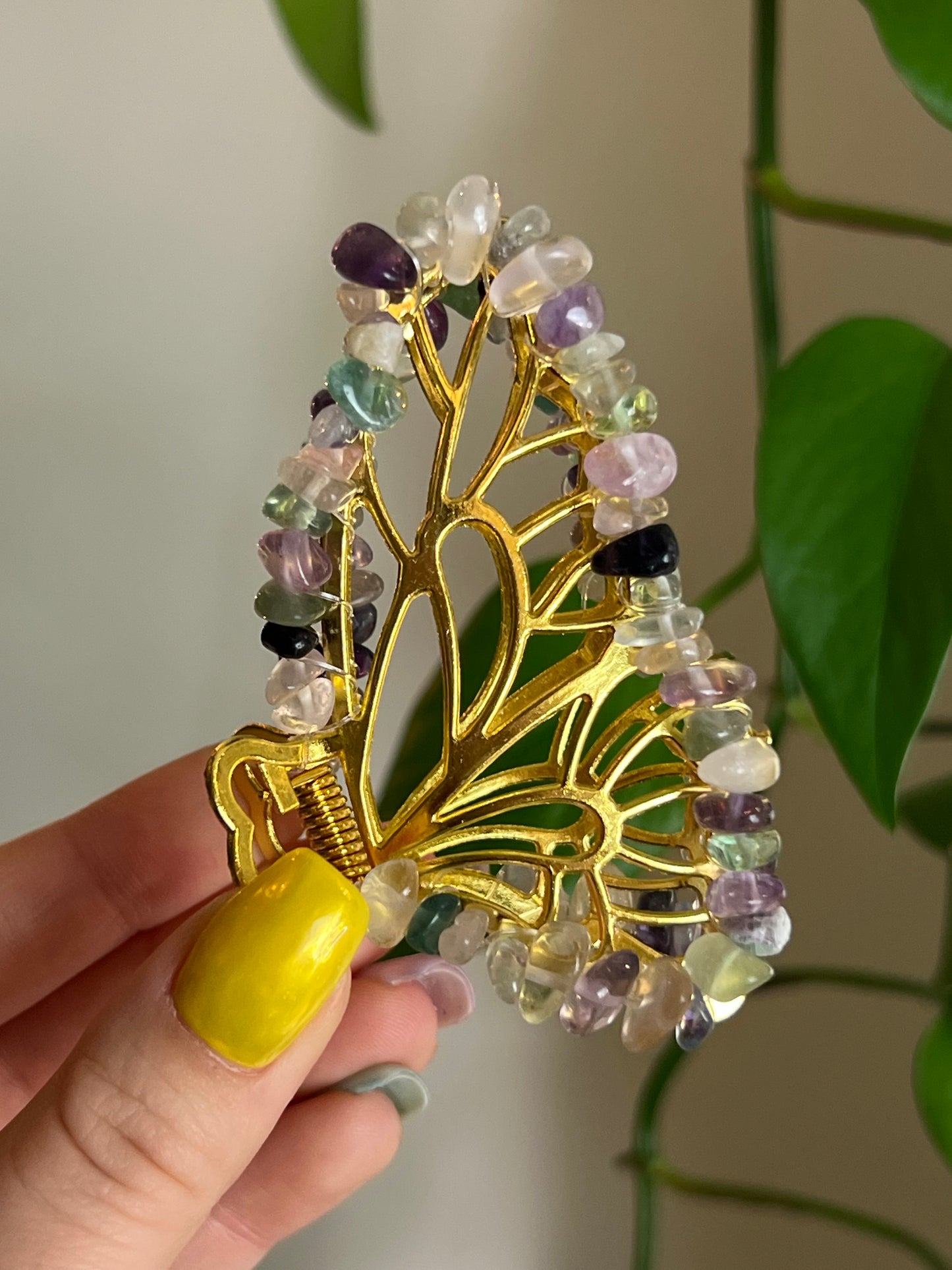 Rainbow Fluorite Fairy Claw Clip - Gold