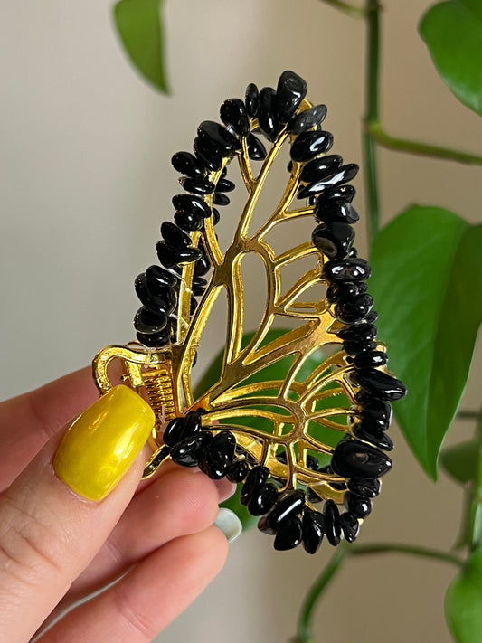 Black Obsidian Fairy Claw Clip - Gold