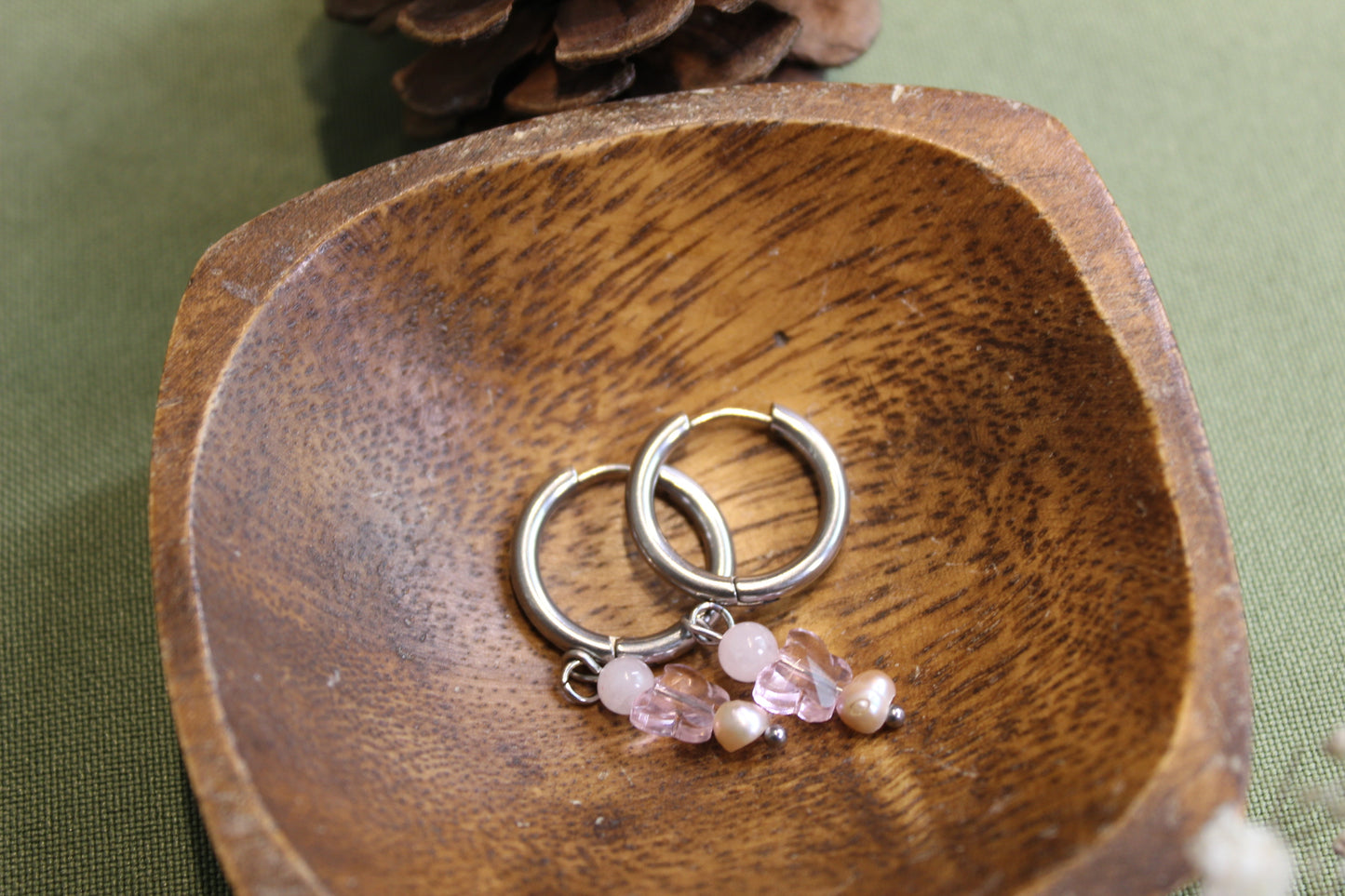 Pearl & Rose Quartz Butterfly Silver Hoops