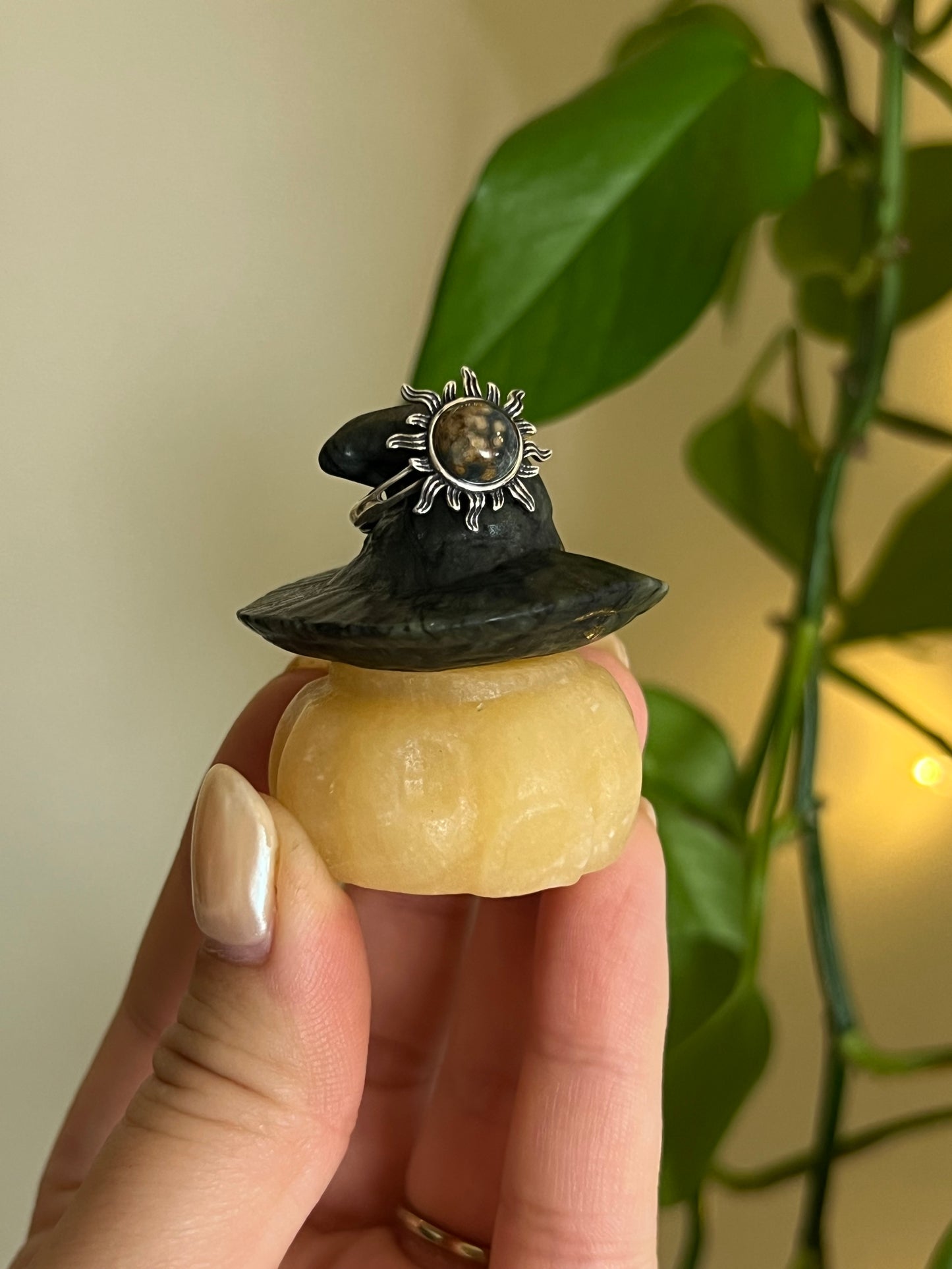 Orange Calcite + Jade Pumpkin House With Witch Hat