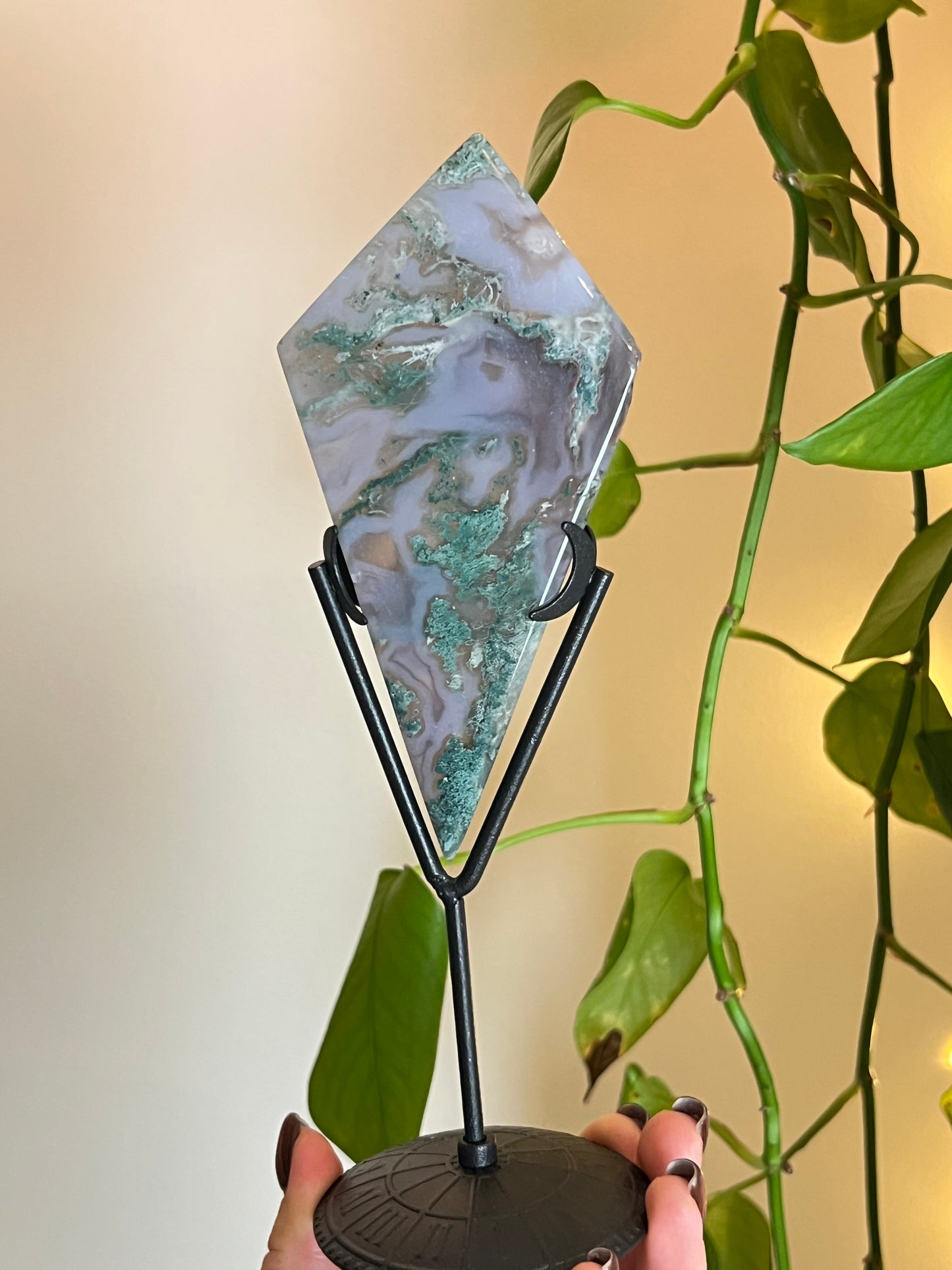 Moss Agate Diamond on Stand