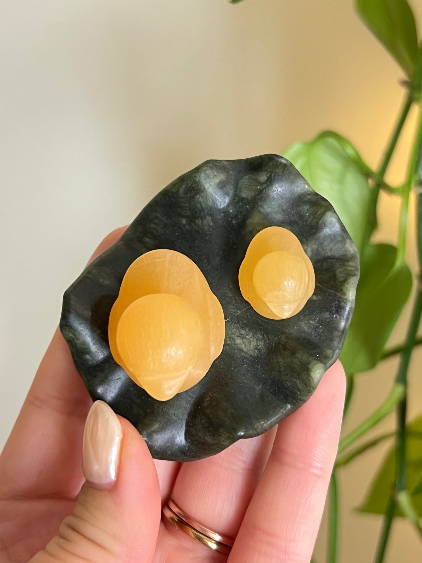 Yellow Calcite Duckies on Jade Leaf