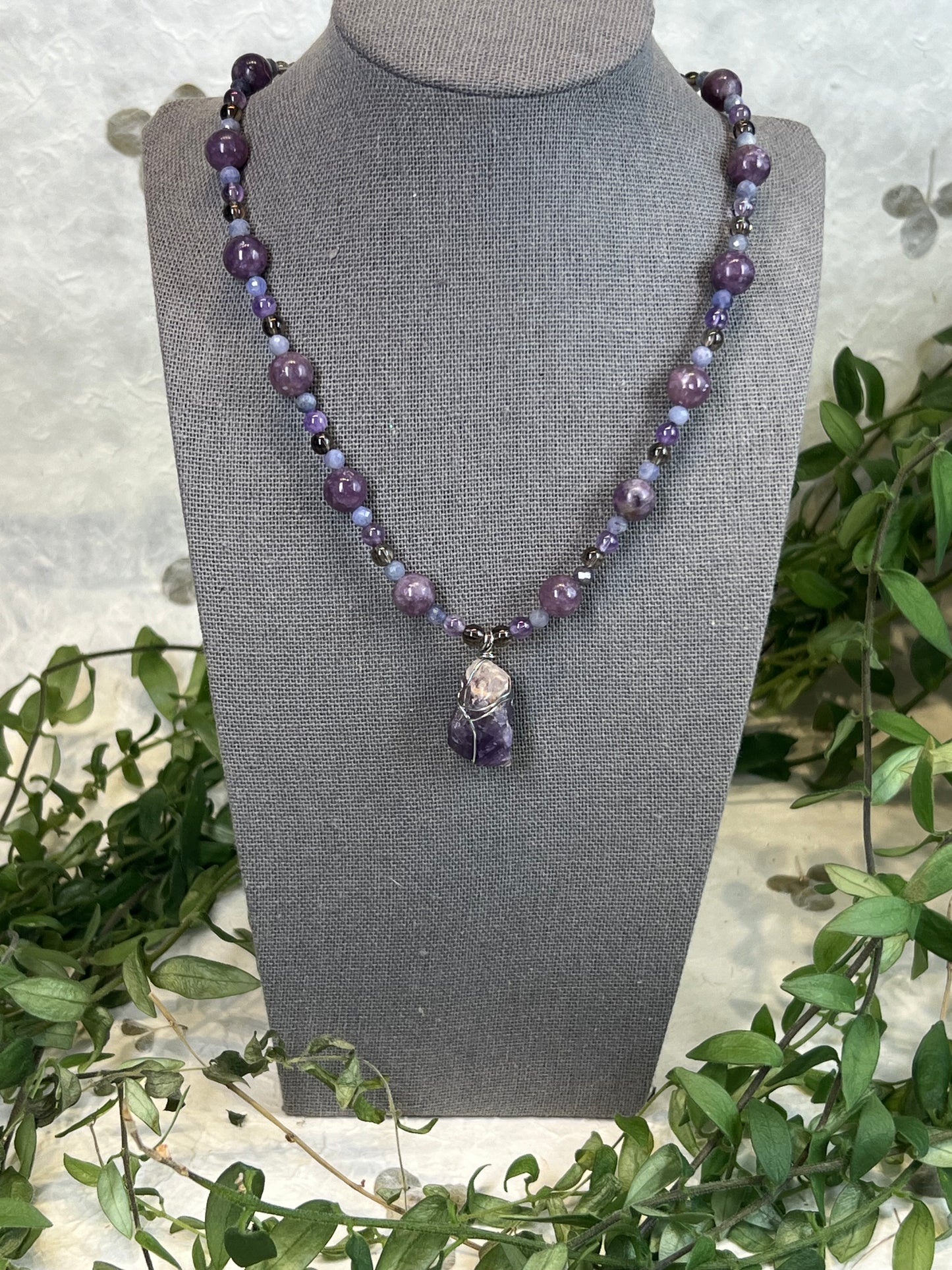 Amethyst, Iolite, Smoky Quartz and Lepidolite Necklace