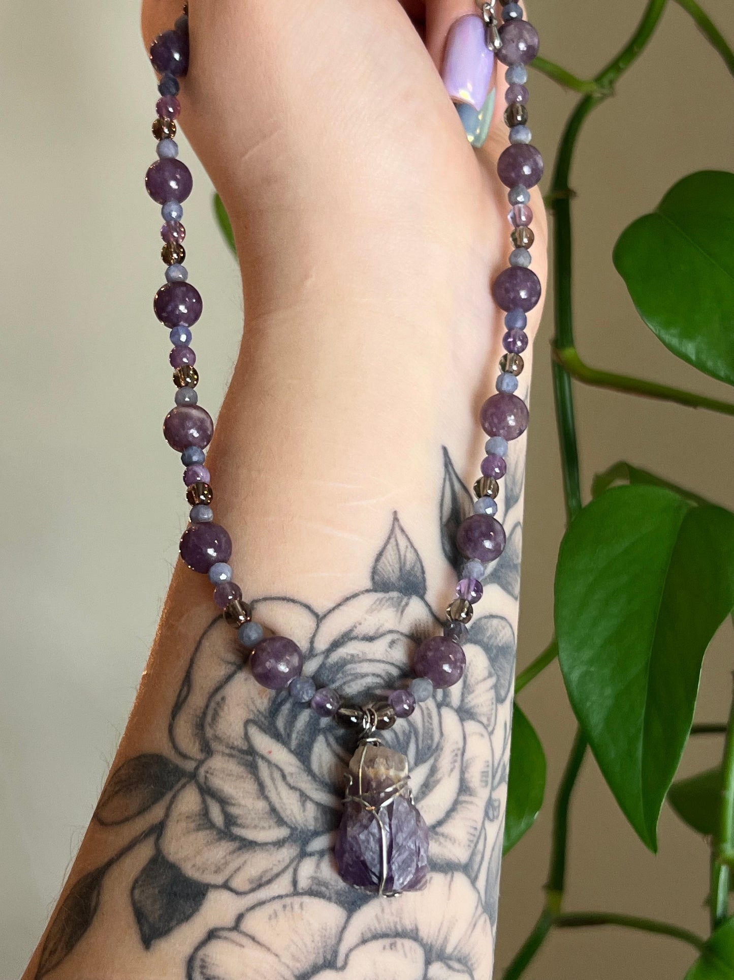 Amethyst, Iolite, Smoky Quartz and Lepidolite Necklace