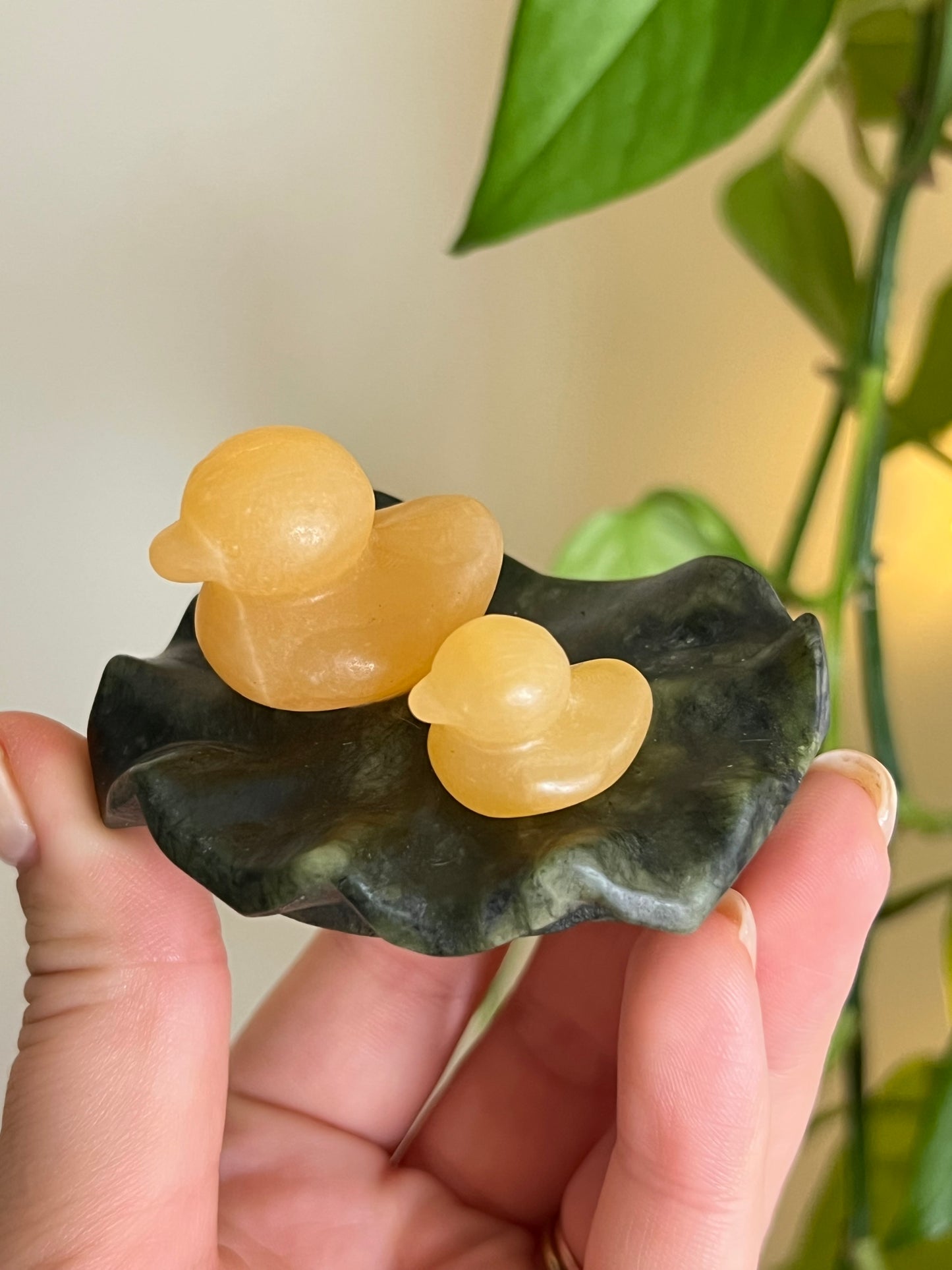 Yellow Calcite Duckies on Jade Leaf