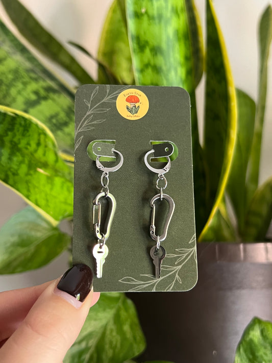 Carabiner Silver Key Earrings