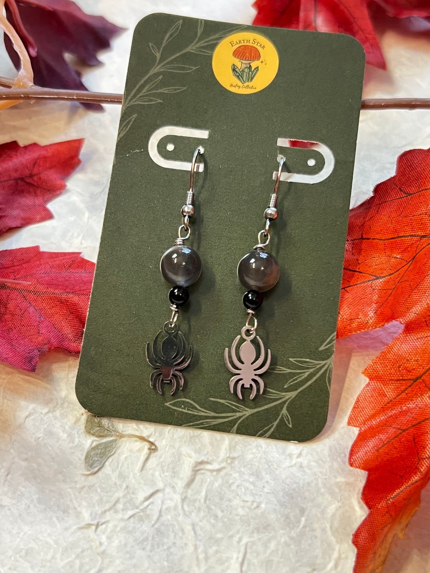 Black Moonstone & Onyx Spider Earrings