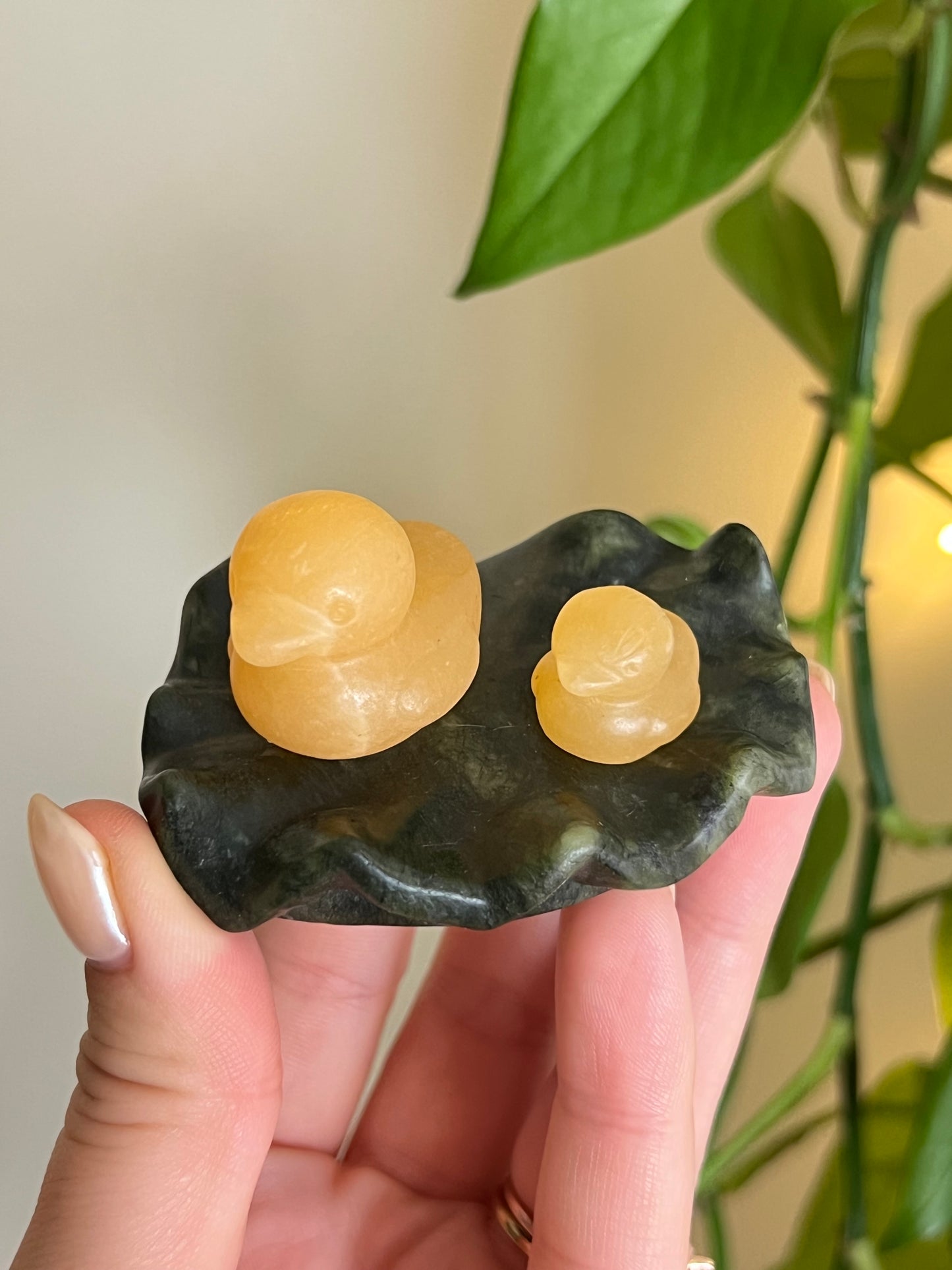 Yellow Calcite Duckies on Jade Leaf