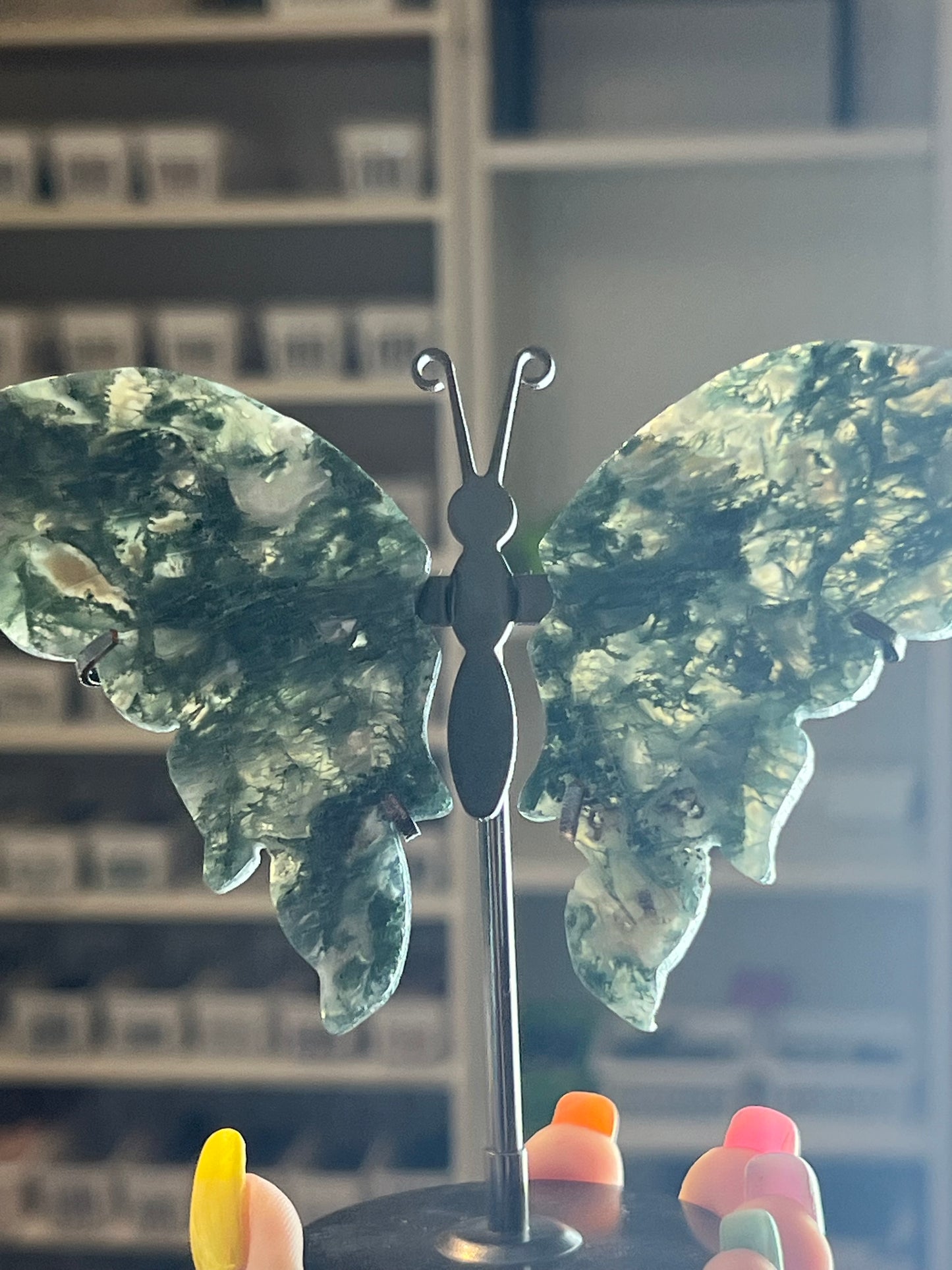 Moss Agate Butterfly Stand - B