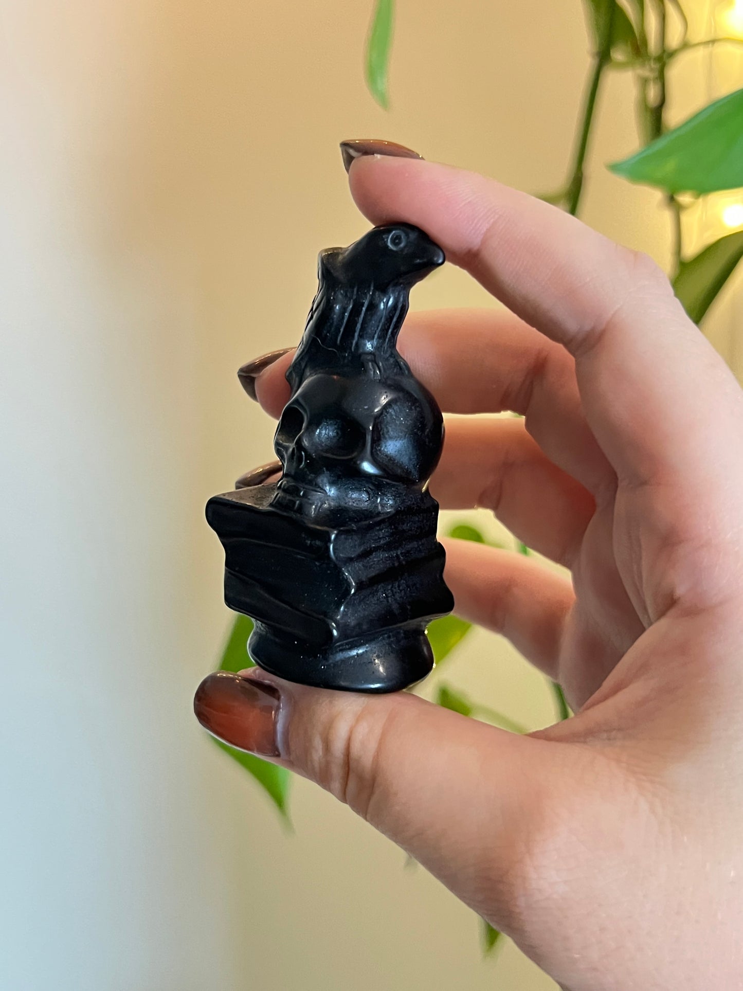 Black Obsidian Raven Skull on Books