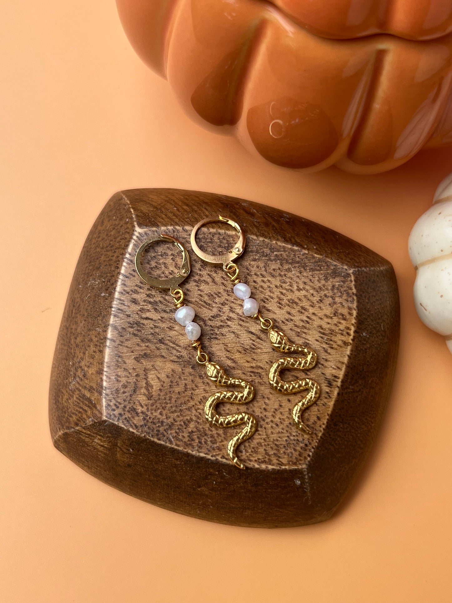 Freshwater Pearl Gold Snake Earrings