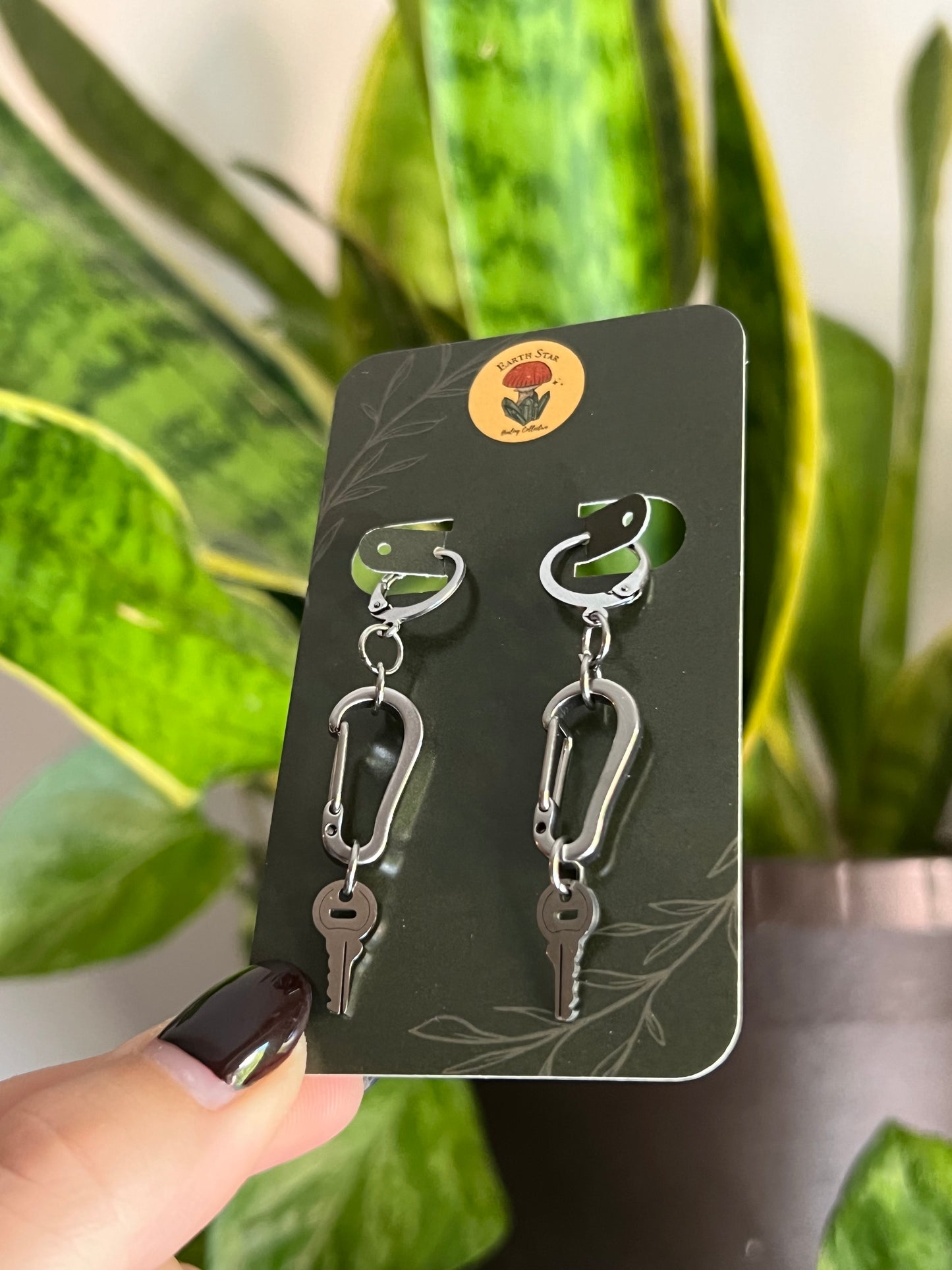 Carabiner Silver Key Earrings