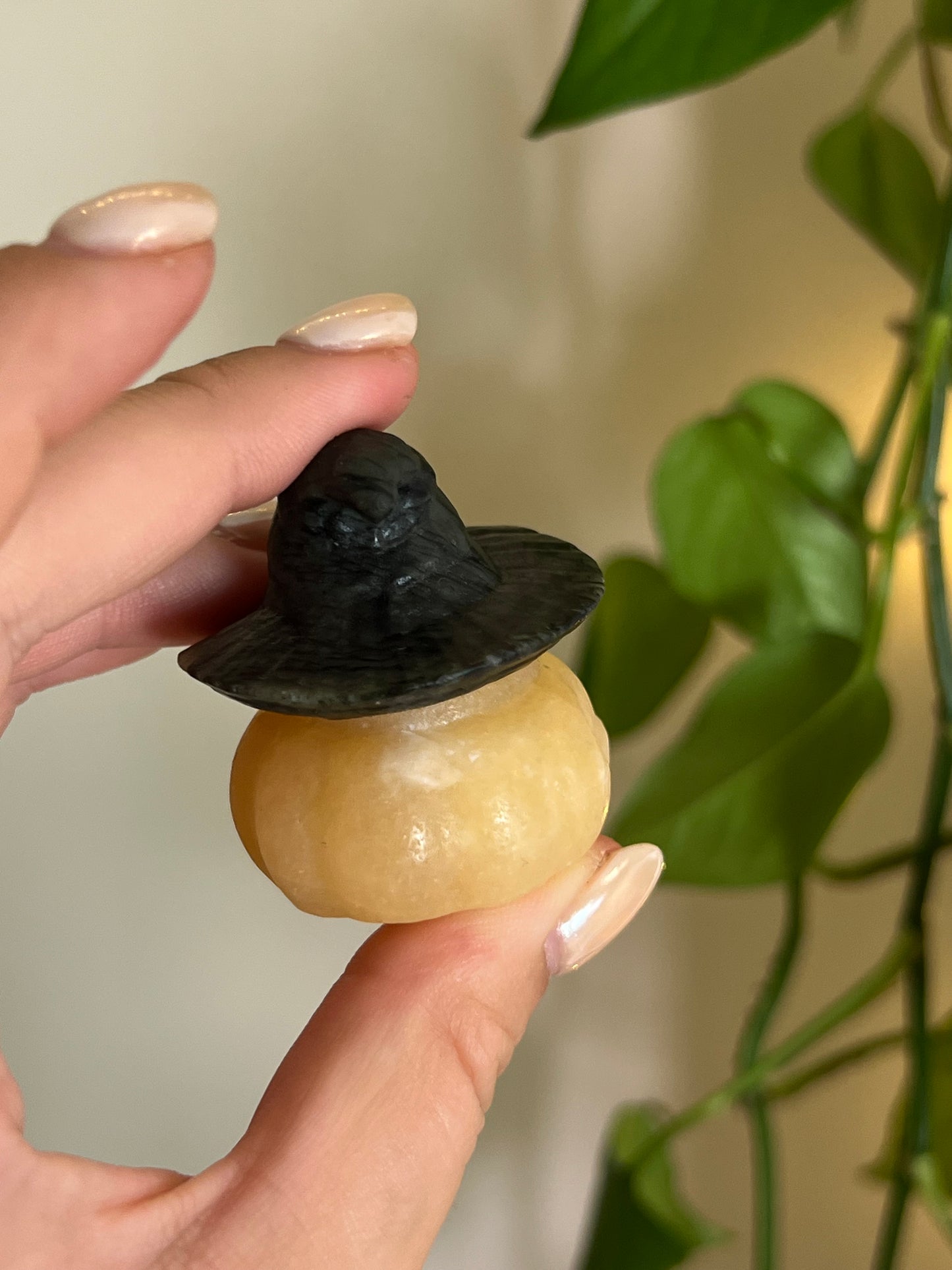Orange Calcite + Jade Pumpkin House With Witch Hat