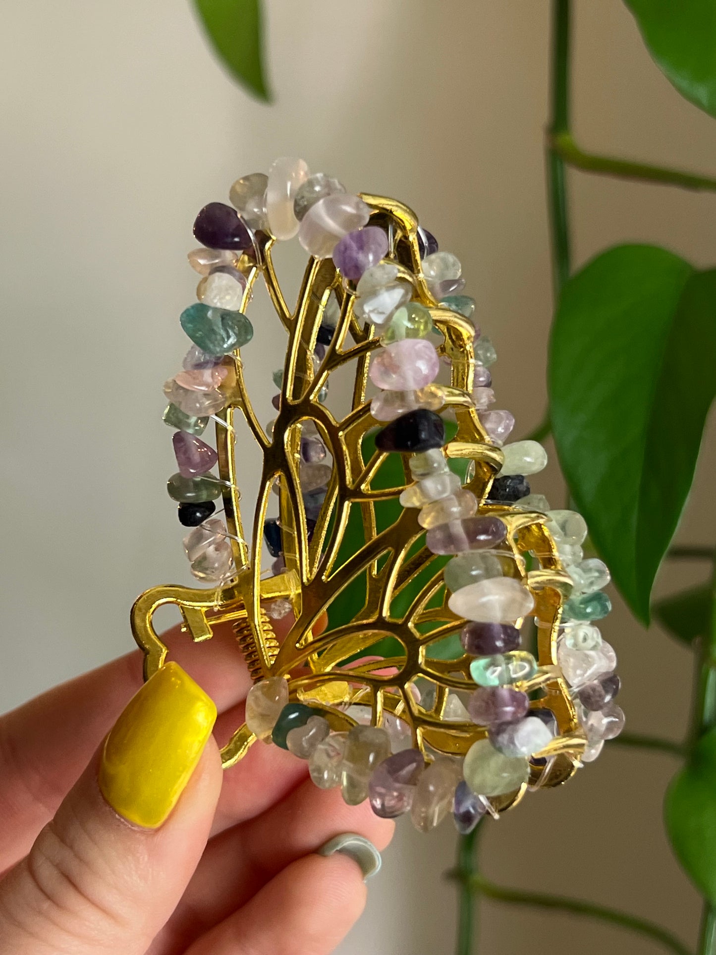 Rainbow Fluorite Fairy Claw Clip - Gold