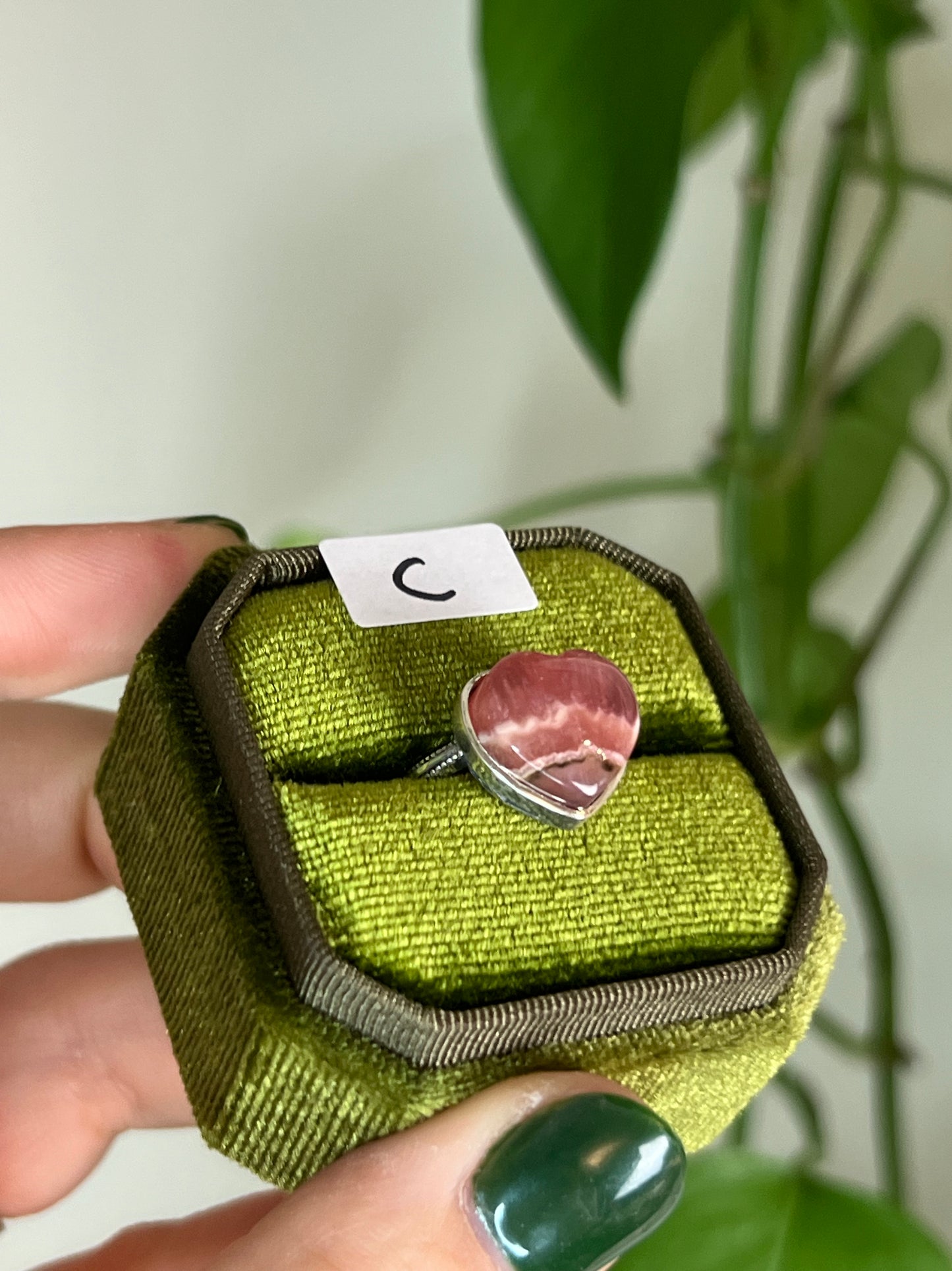 Rhodochrosite Heart Sterling Silver Ring C | Adjustable
