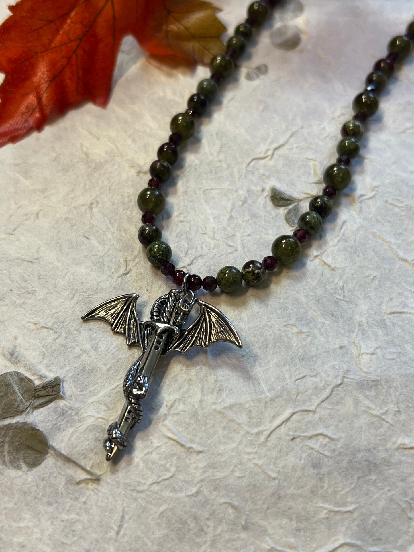 Dragons Blood Jasper + Garnet Beaded Dragon Necklace