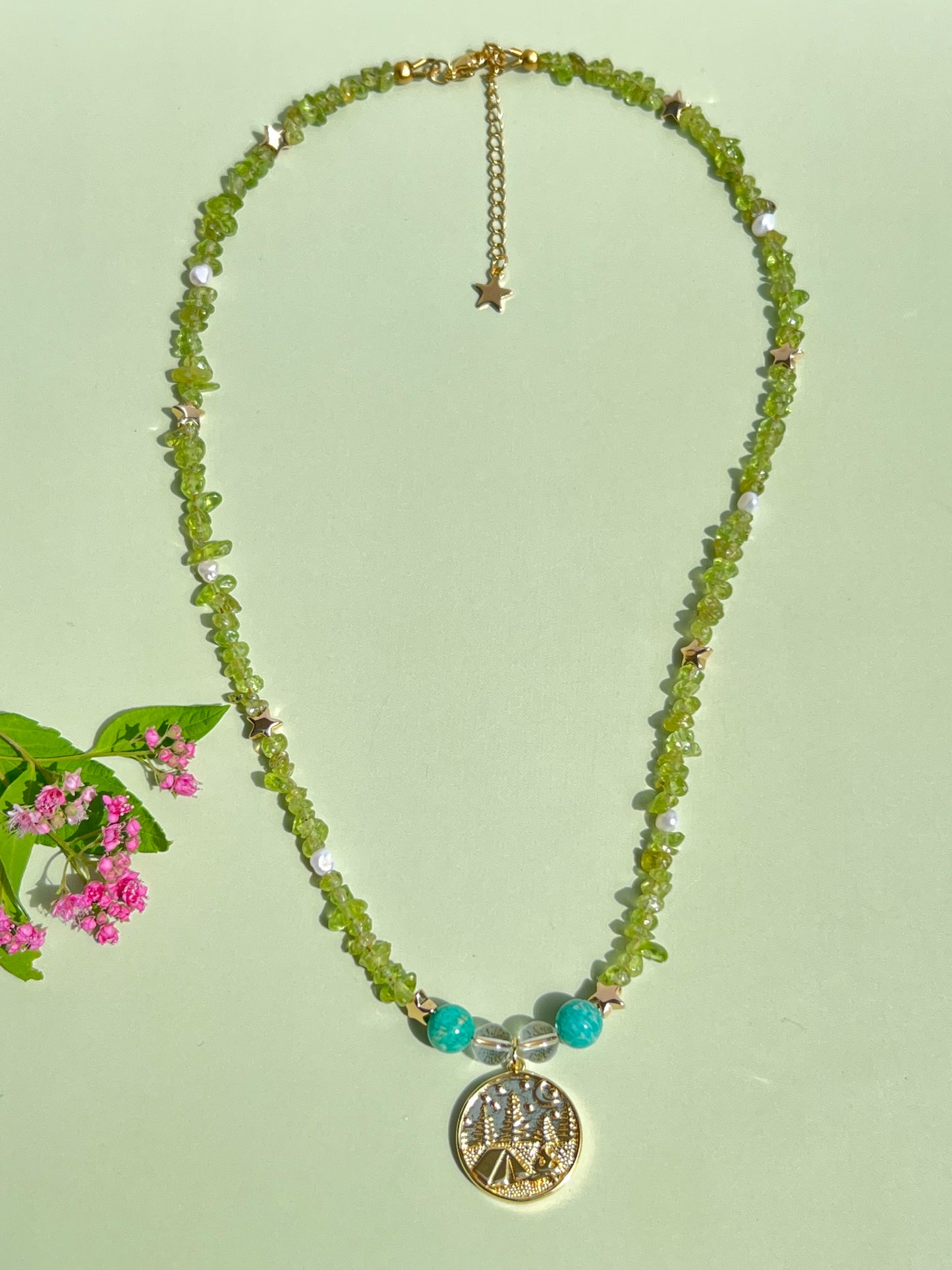 Peridot Freshwater Pearl Amazonite + Quartz Camping Necklace 🏕️