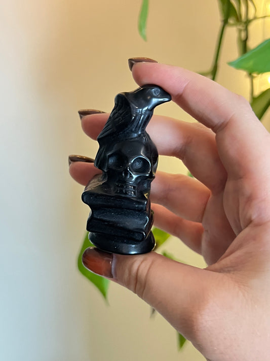 Black Obsidian Raven Skull on Books