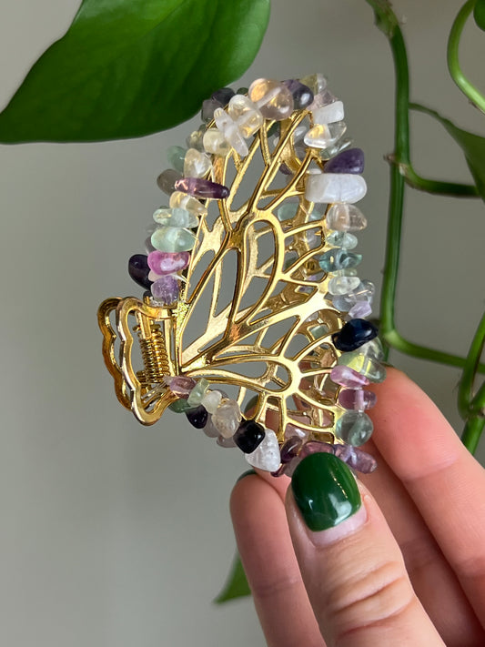 Rainbow Fluorite Fairy Claw Clip - Gold