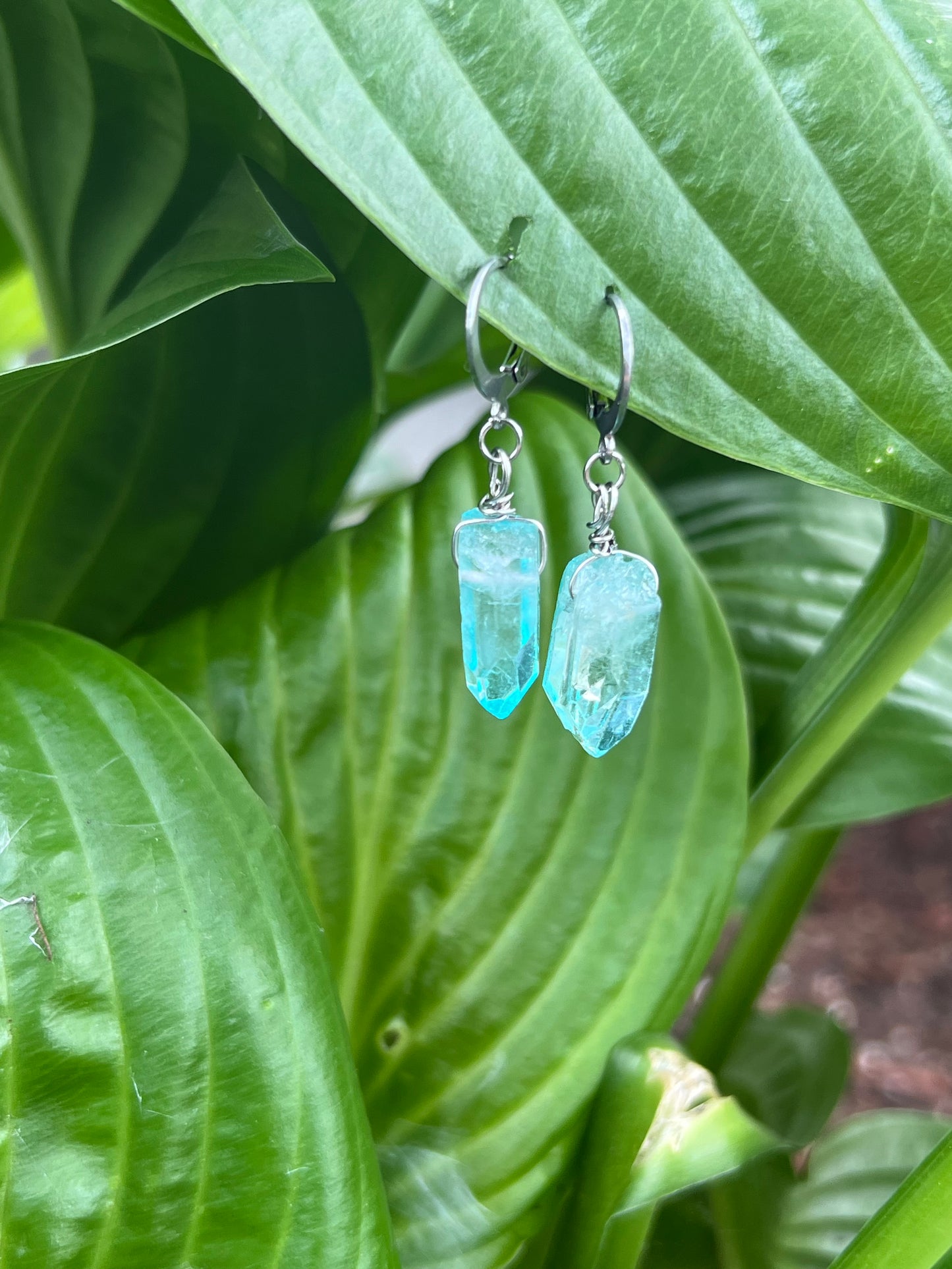 Sky Blue Aura Quartz Point Huggies 🌊