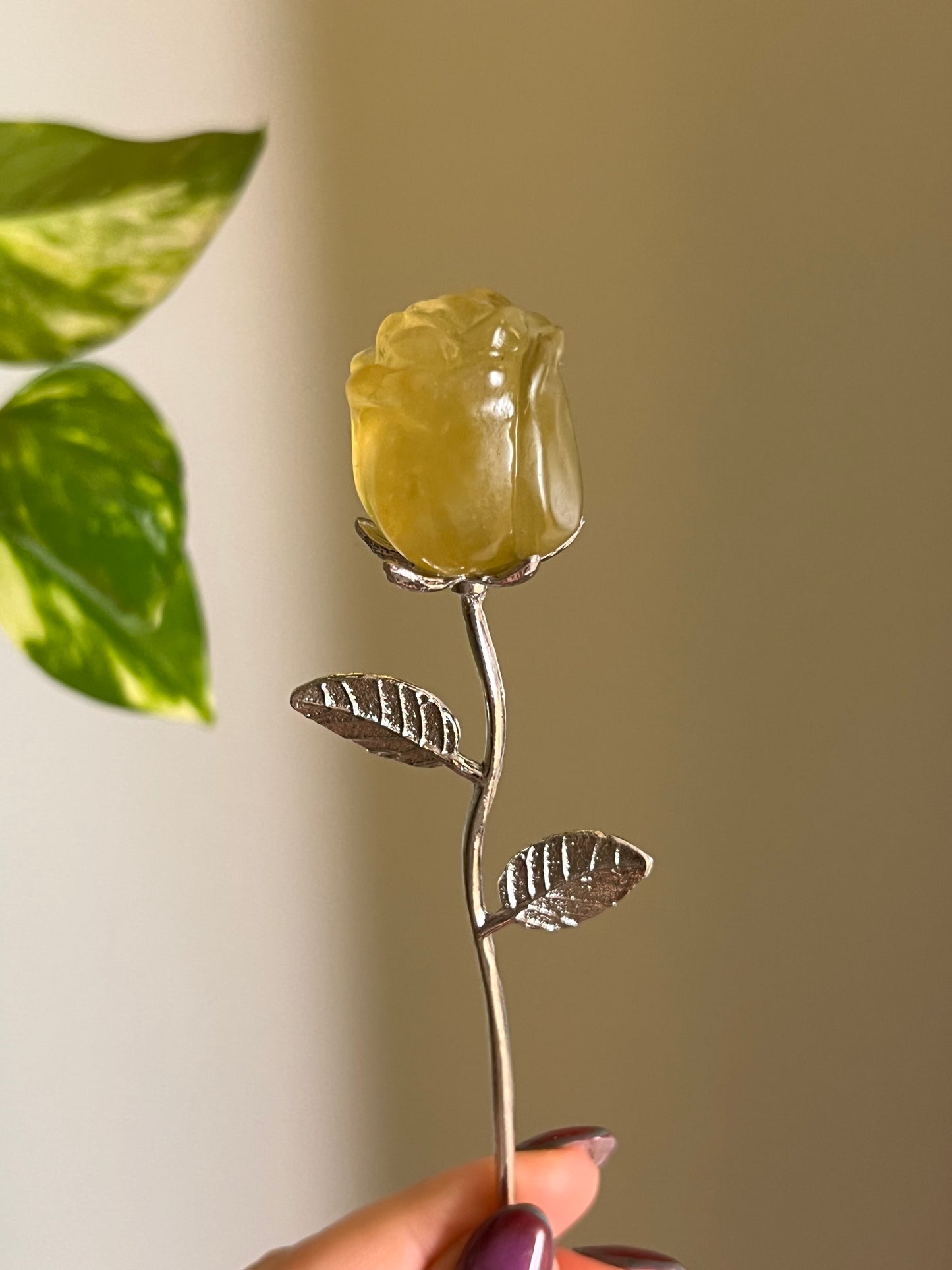 Yellow Fluorite Rose Silver Stem