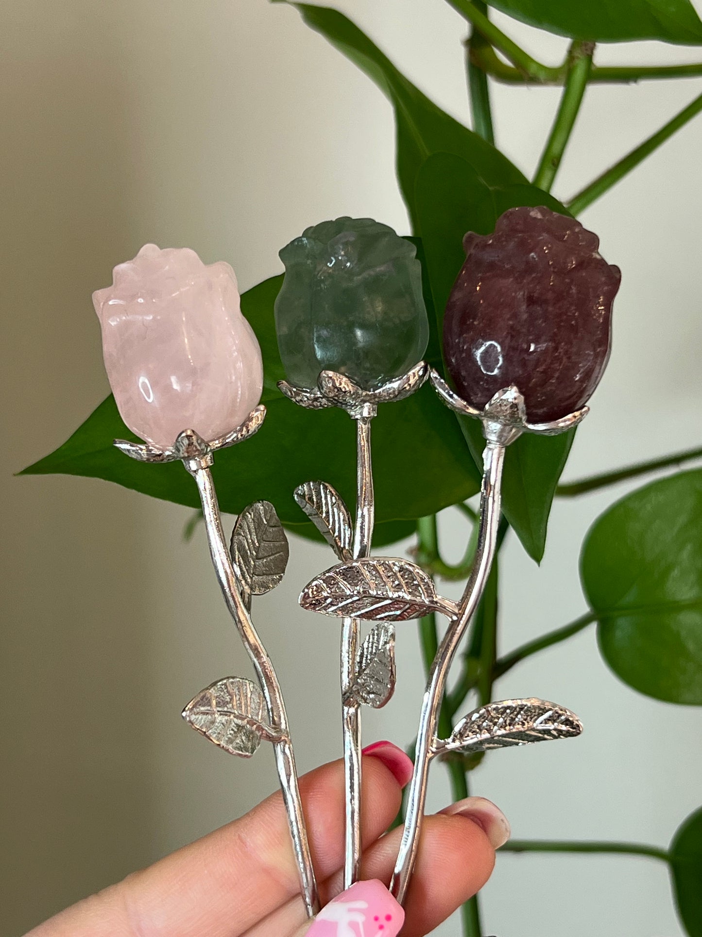 Rose Quartz Rose Silver Stem